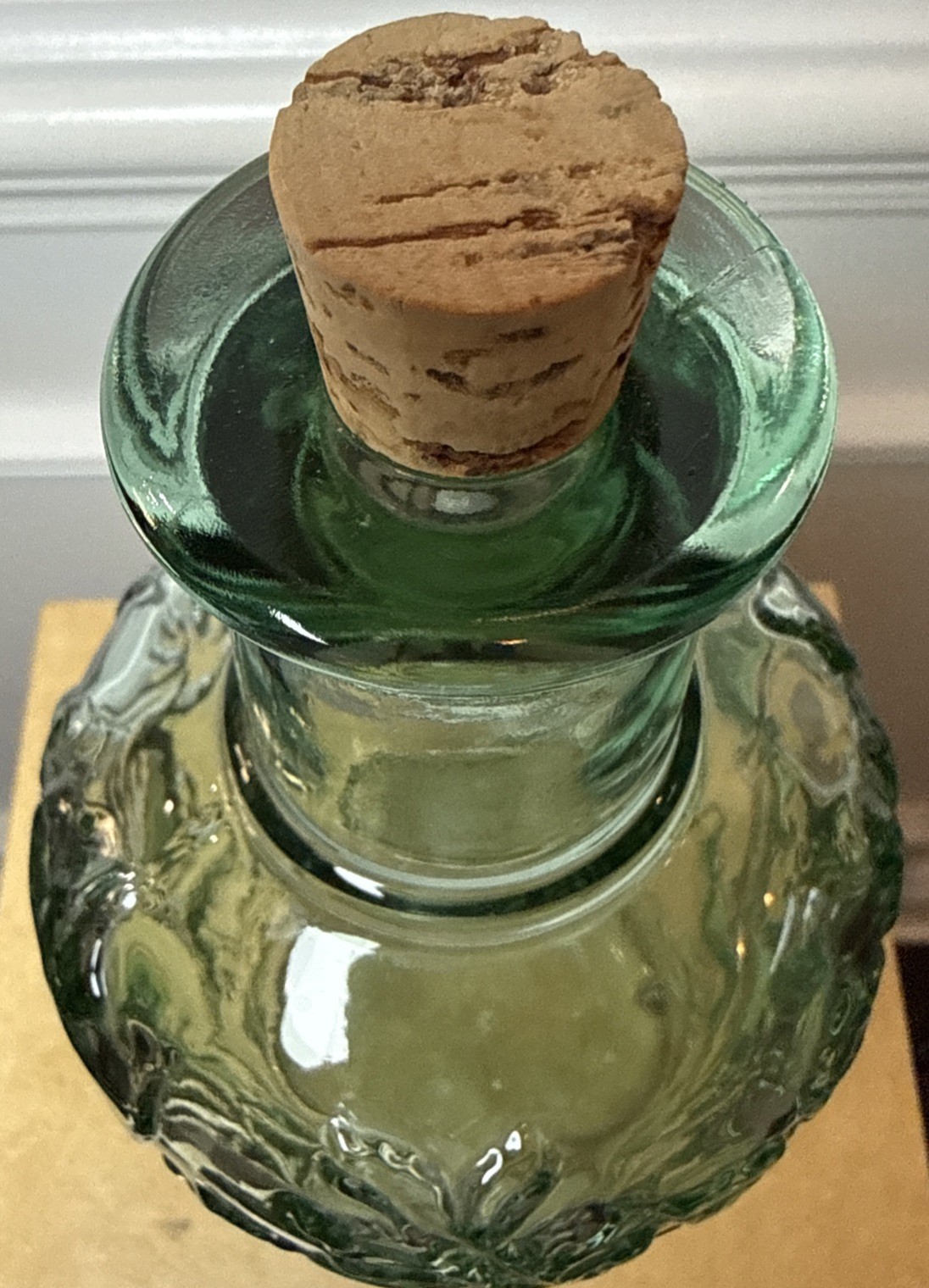 Vintage Canada Green Embossed Glass Bottle Decanter Cork Stopper Floral Leaf