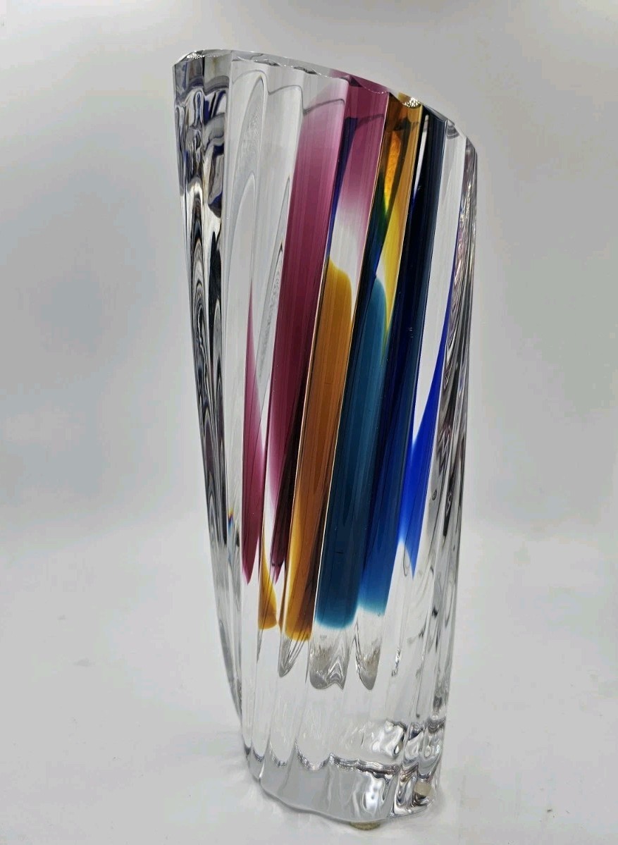 Kosta Boda Signed Vase Goran Warff Vertical Rainbow Fluted ART Glass Vase 9.75″