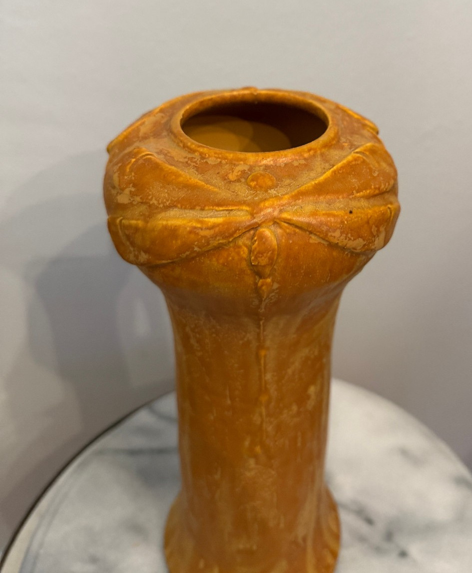 Ephraim Faience Pottery Damselfly Vase 11″ x 4.5″ Kevin Hicks #003 – Yellow