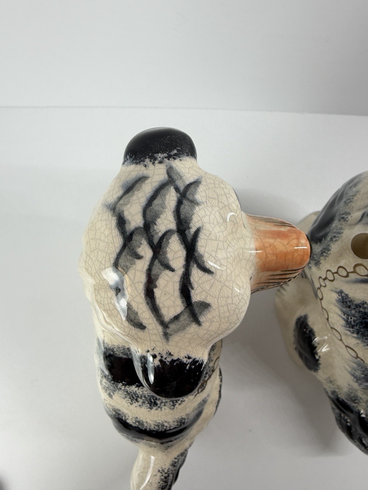 Pair of Staffordshire England Black White Porcelain Spaniel Dogs 10″ Vtg