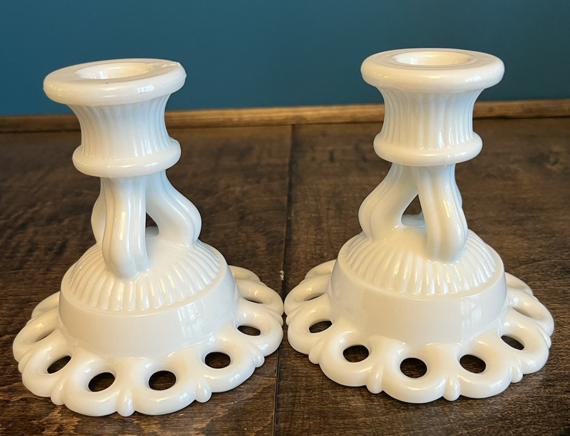 Vintage Westmoreland Doric Milk Glass Lace Edge Candle Stick Holders ~ EC