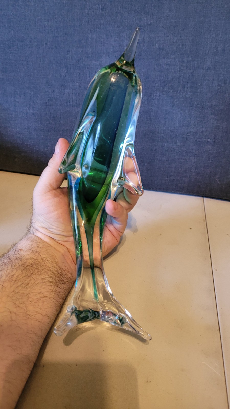 Vintage Dolphin Paperweight Art Glass Green and Blue. 11 1/2 X 6 3/4 Inches