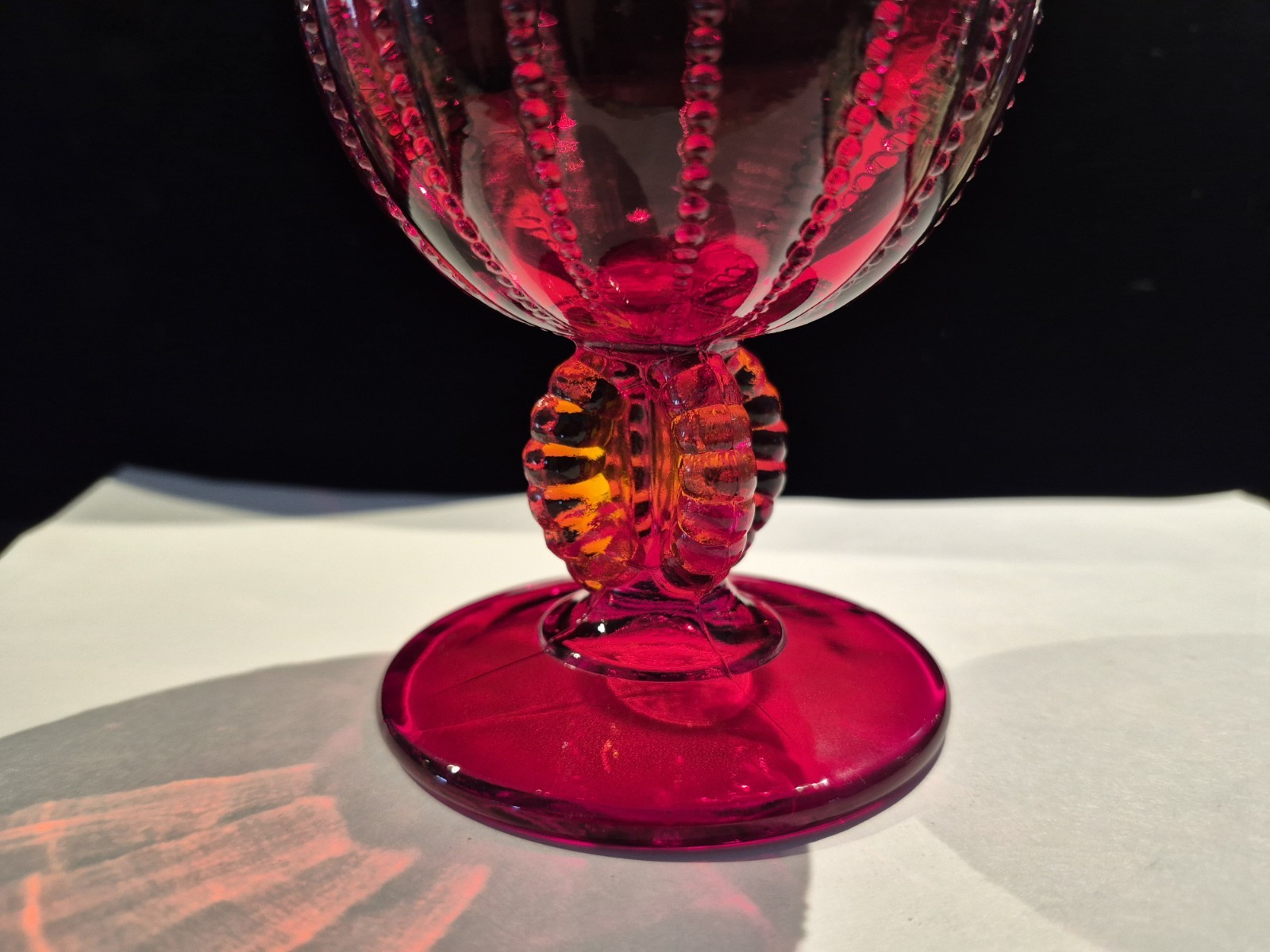 Vintage Wright Glass Ivy Bowl Pedestal Vase Ruby Red Beaded Ribs Panels Glow