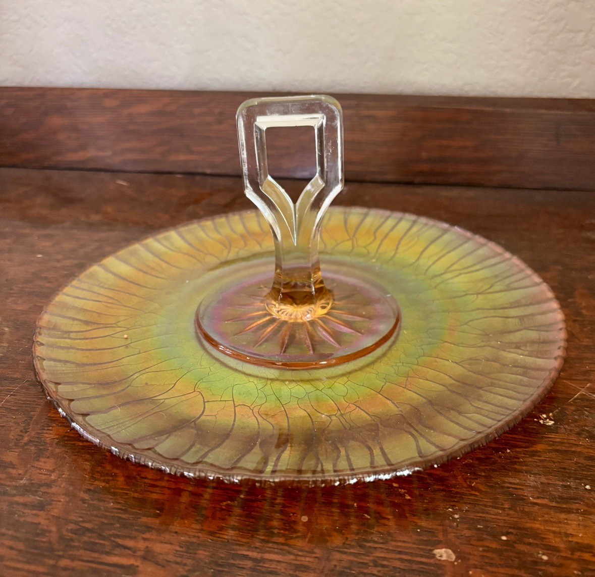 Jeannette Gold Handled Sandwich Server Tray Iridescent Carnival Stretch Glass