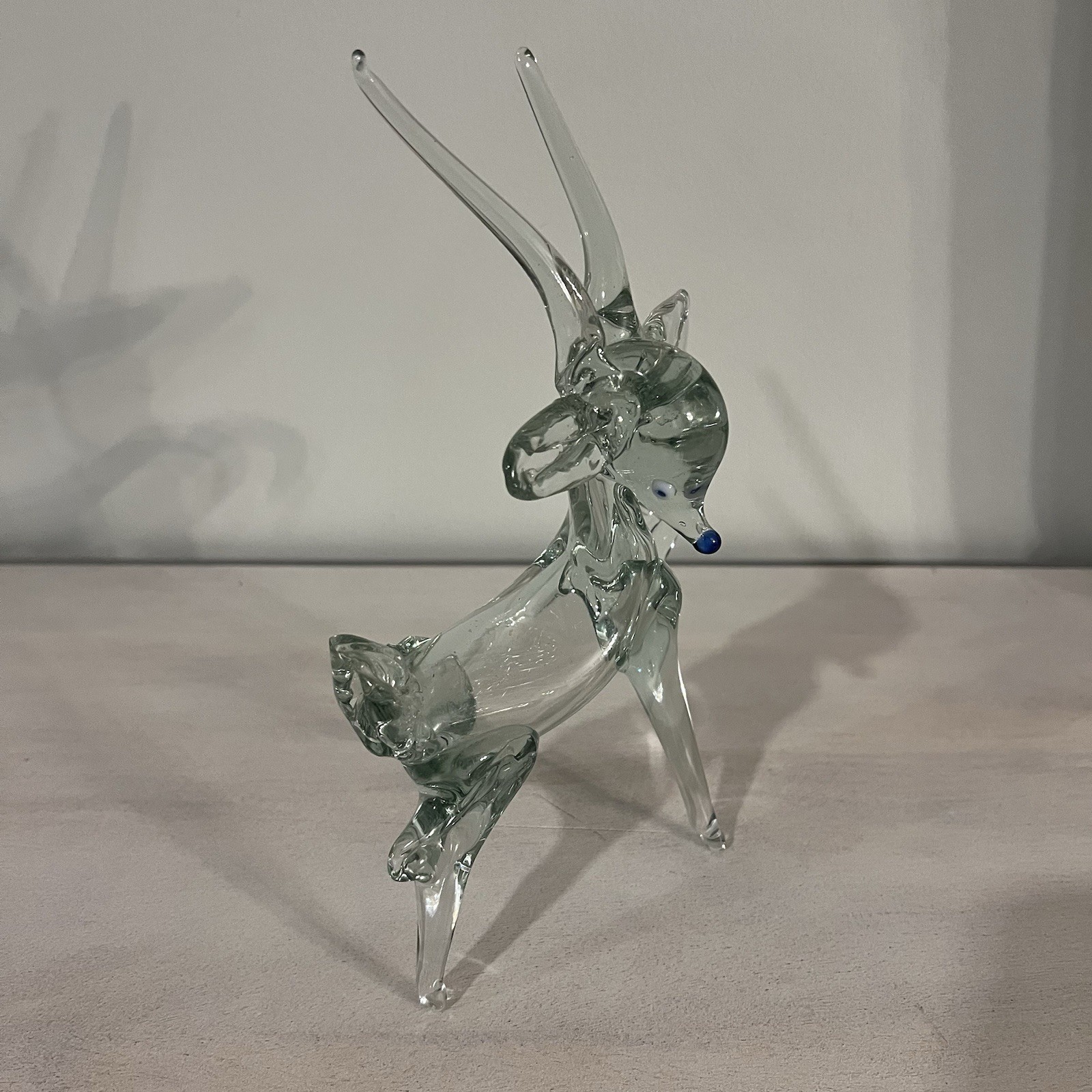 Vintage Hand Blown Glass Reindeer With Blue Nose And Eyes Unique Art Glass