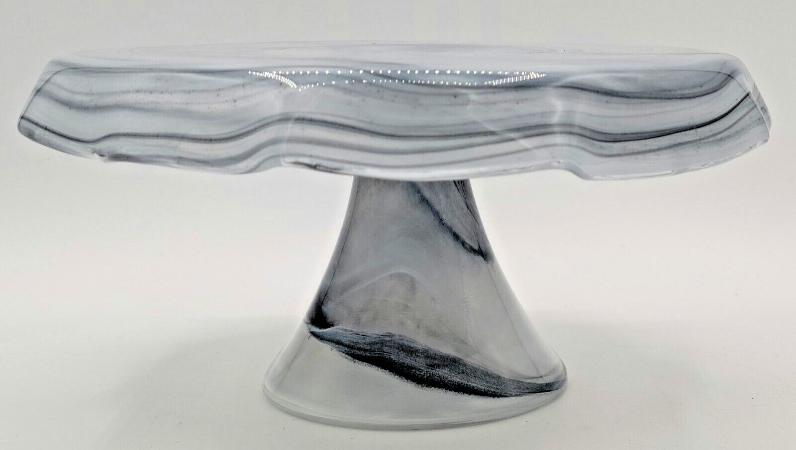Blown Glass Vase Sculpture Cake Stand Holder Black & White Marbled *FREE SHIP*