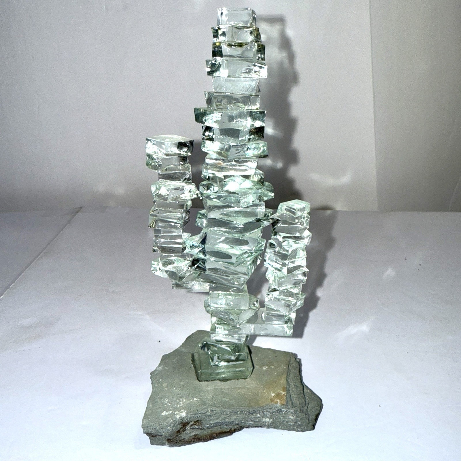 Glass Cactus Stacked Glass Squares Handcrafted Sculpture, 6.5” Art Deco