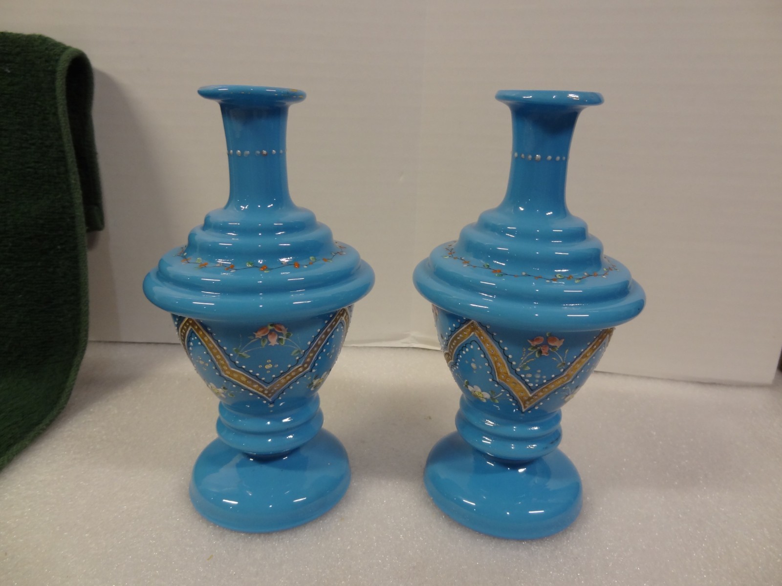 Pair -2 Vintage Antique French Blue Victorian Hand Painted Moriage Glass Vases