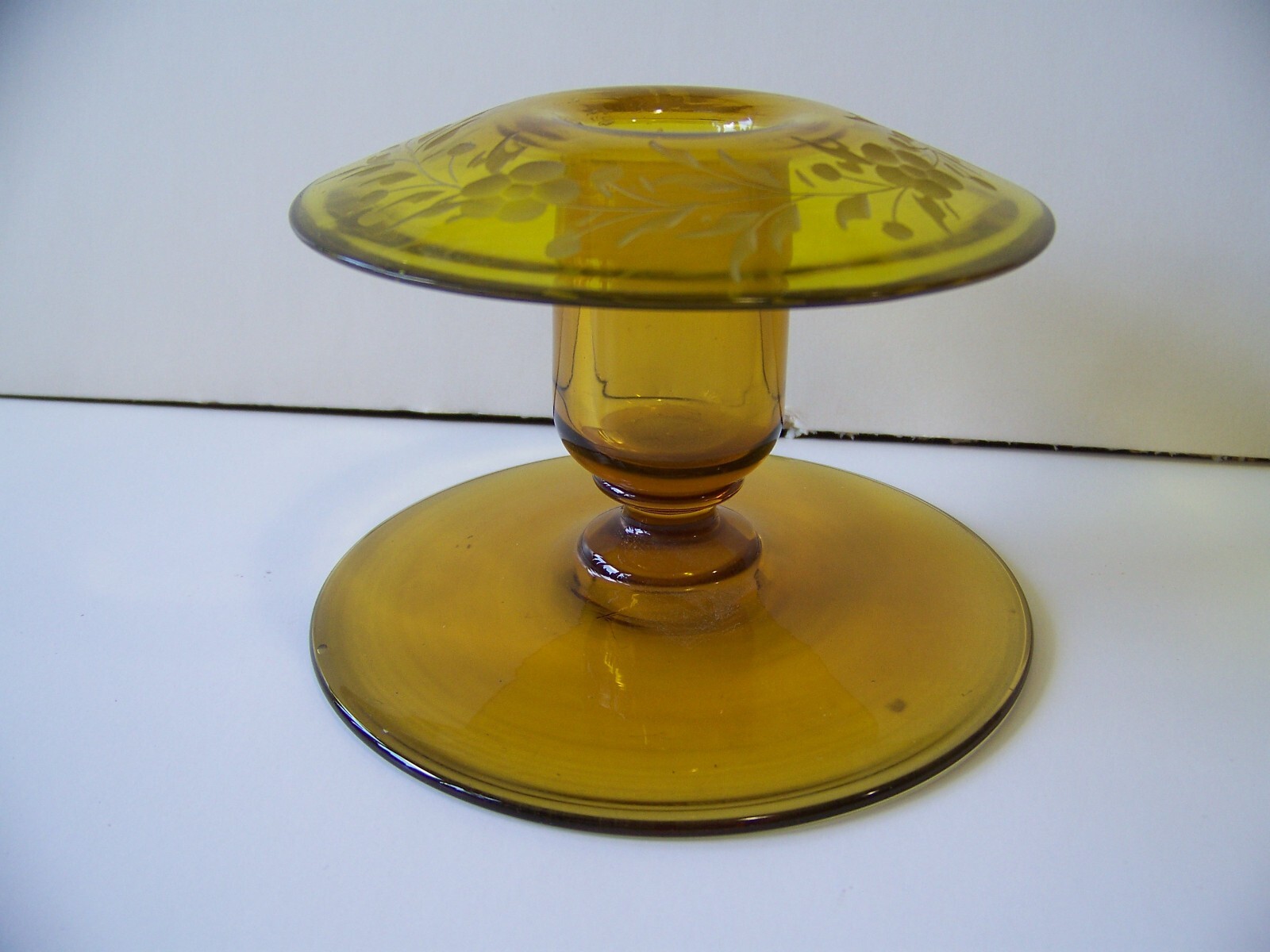Vintage Glass Butterscotch/Amber Candle Holder w/Wheel Cut Decoration, 4.5″dia.