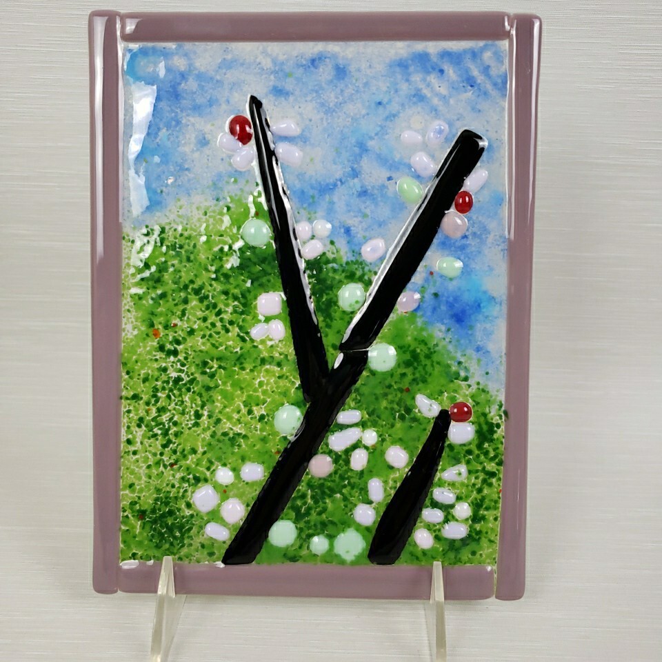 Fused Art Glass Panel Abstract Cherry Tree 6″x8″ Summer Scheme Textured