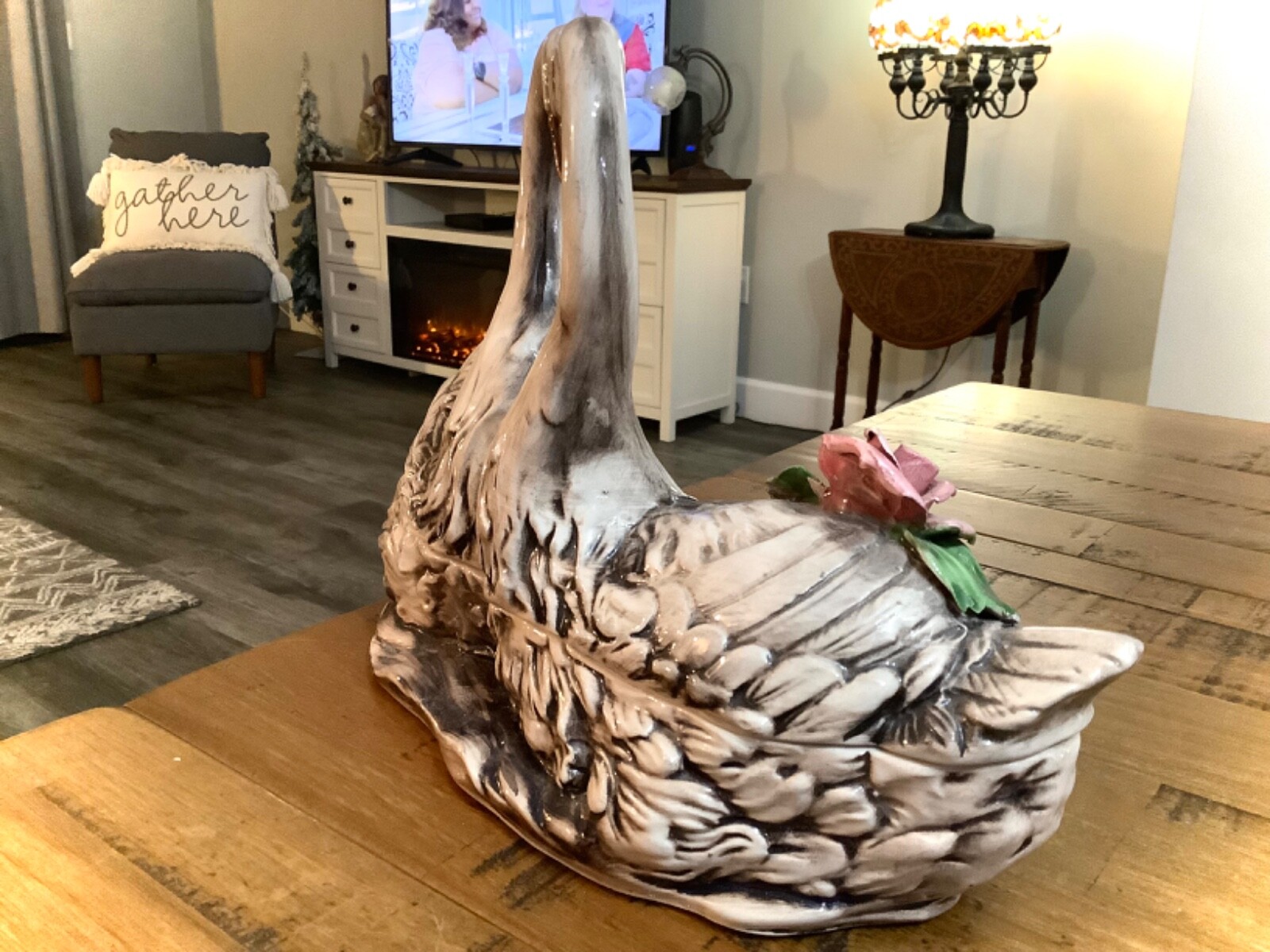 RARE VINTAGE 1950s CAPODIMONTE ITALY DOUBLE SWANS TRINKET BOX COOKIE JAR