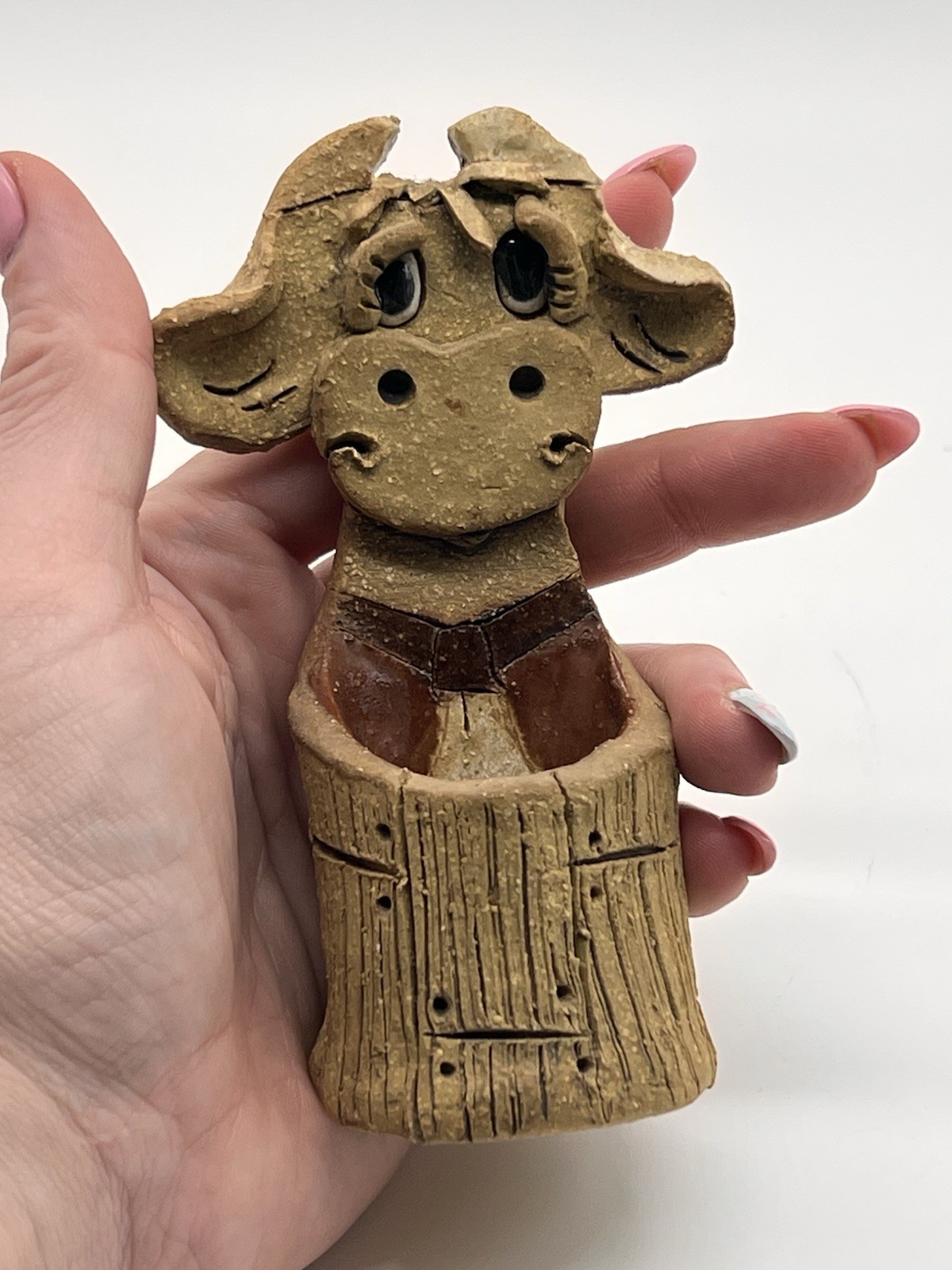 Vintage Max Hindt Co Cow Pottery Toothpick Holder Figurine 1970s Signed