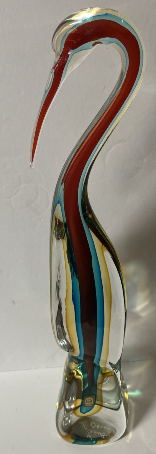 Vintage 20.5″ Tall Signed Oscar Zanetti Sommerso MURANO GLASS HERON SCULPTURE
