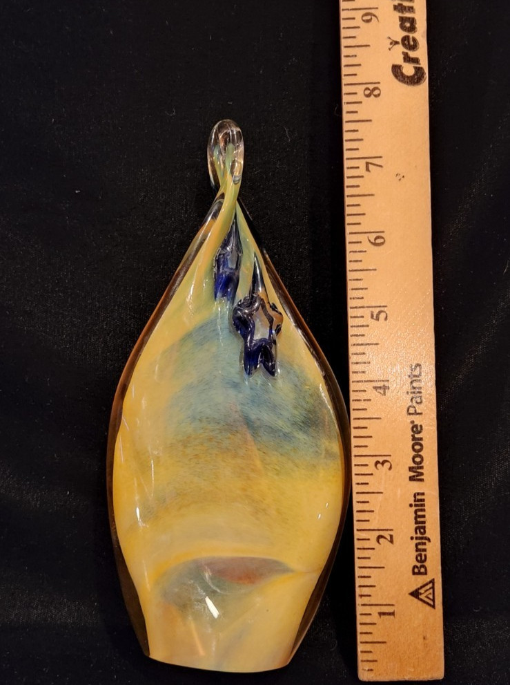 Hand blown Art Glass Twisted/Swirl Teardrop with Blue Stars Sculpture – 7.5 inch
