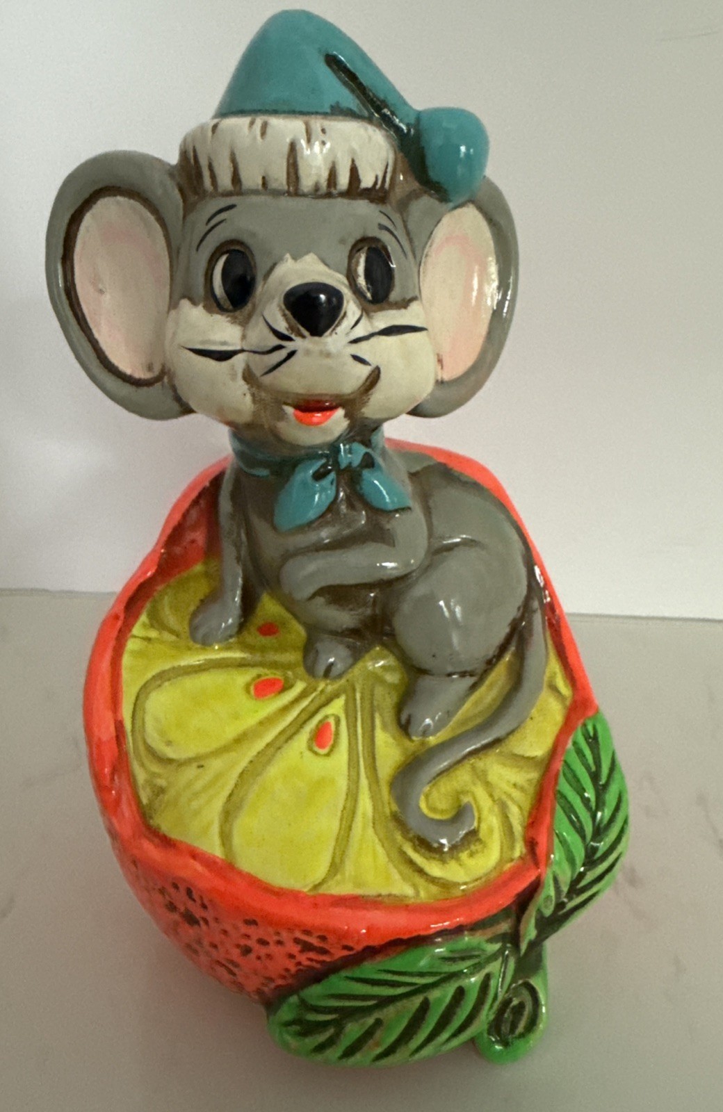 RARE Vintage Cutesy Mouse In Orange Piggy Bank With Christmas Santa Hat On 6”