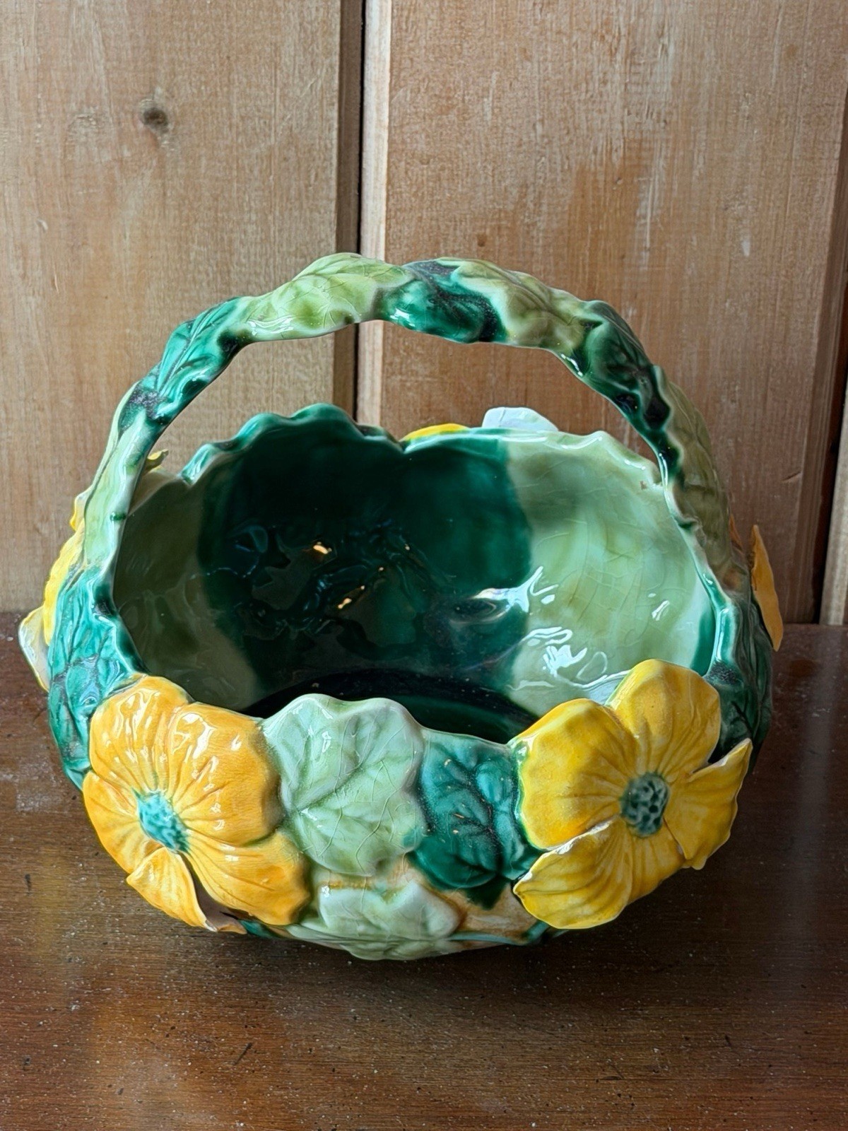 Vintage Art Pottery Floral Basket Bowl Green Yellow Flowers Leaf Handle