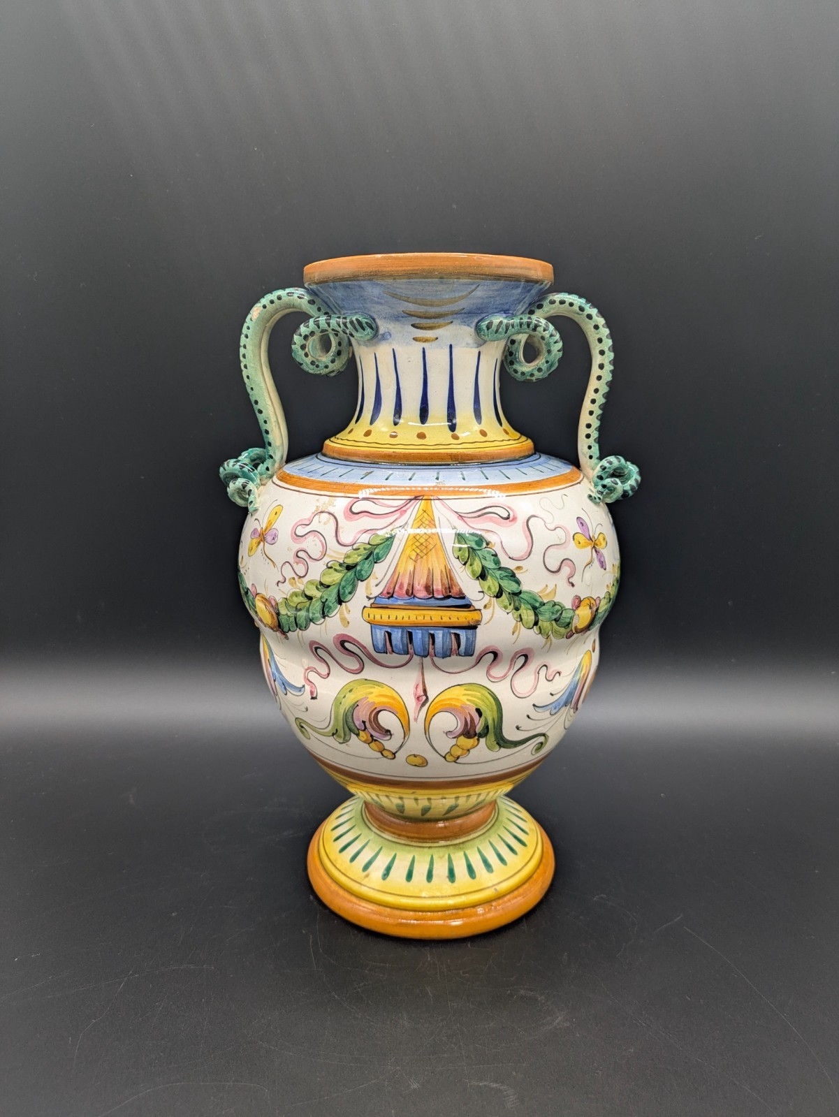 Vintage Hand-Painted Italian Majolica Art Pottery Lamp Base/Vase