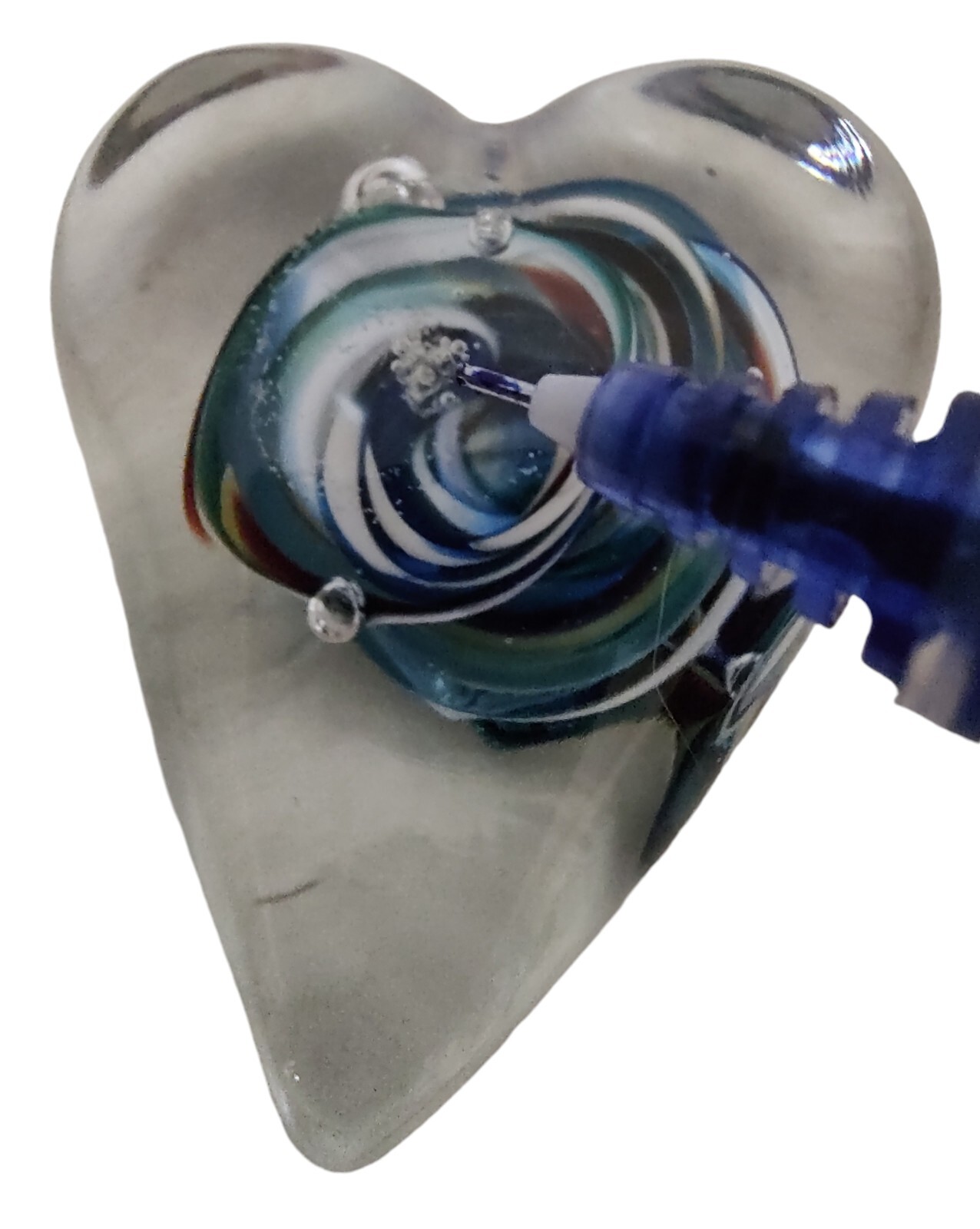 Studio Hand Blown Heart Glass Affection Blue Swirl Paperweight 1.5 Inches SEE