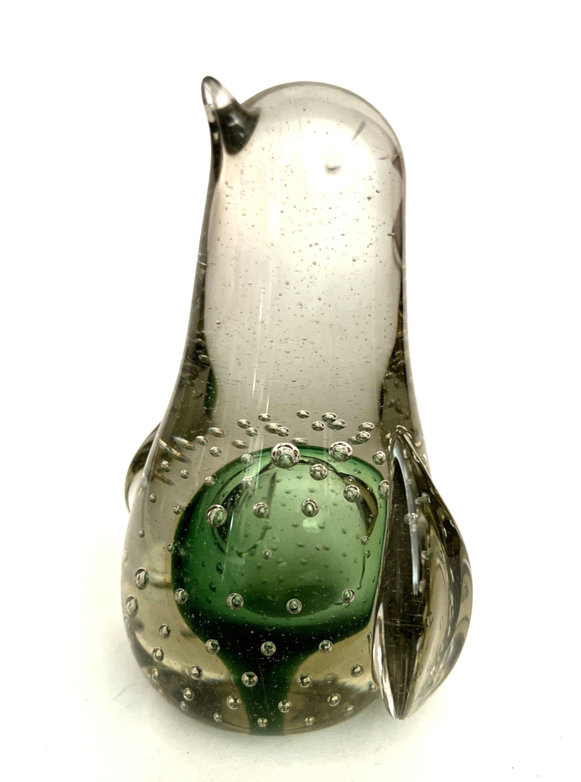 Art Glass Penquin Figurine Paperweight 4.25 Inches Green inside and Bubbles
