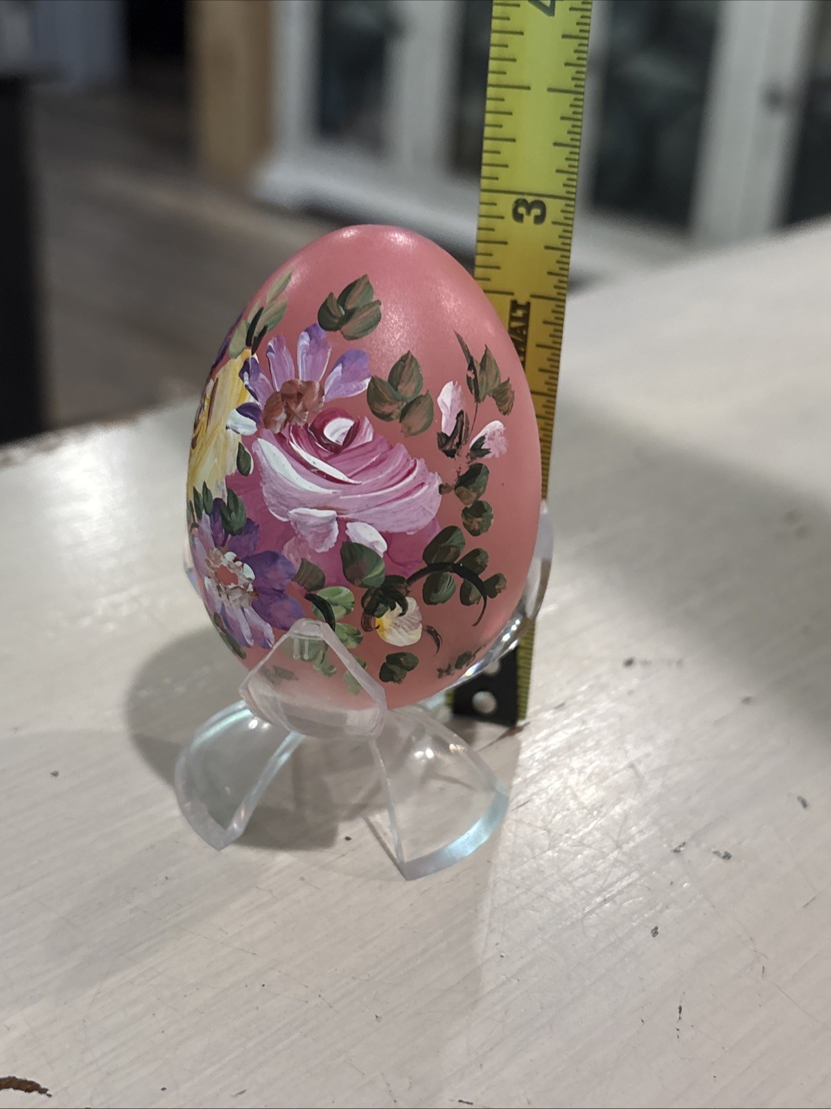 Hand Painted marble egg Pink Floral Decorative Signed– Stand Included