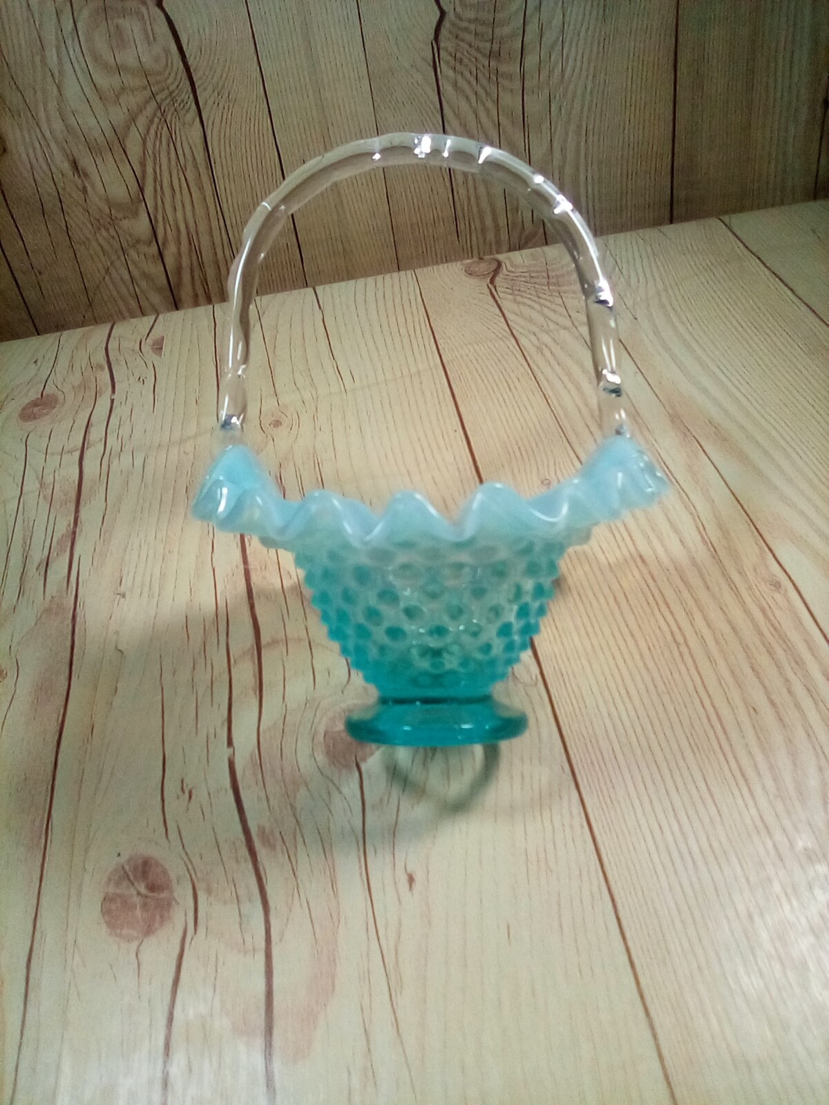 Vintage Small Fenton Aqua Blue Opalescent Hobnail Ruffled Glass Basket