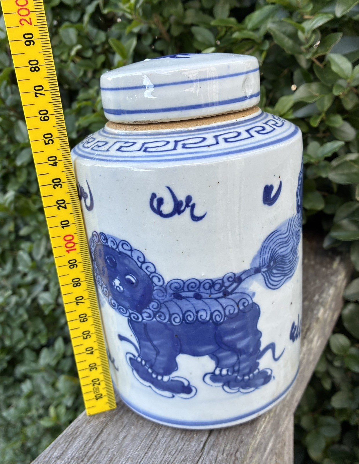 Asian Ginger Jar Blue & White Lidded Urn Chinese Foo Dogs Vintage Antique Style