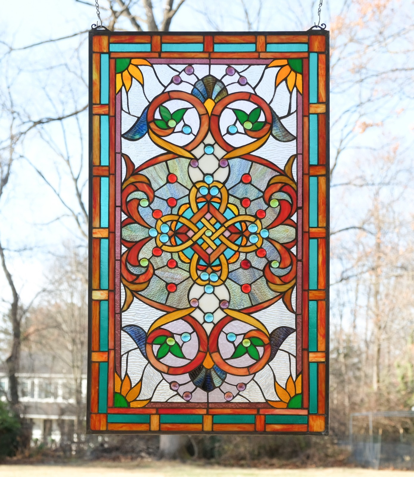 20″W x 33.75″H Jeweled Tiffany Style stained glass window panel glass panel.H373