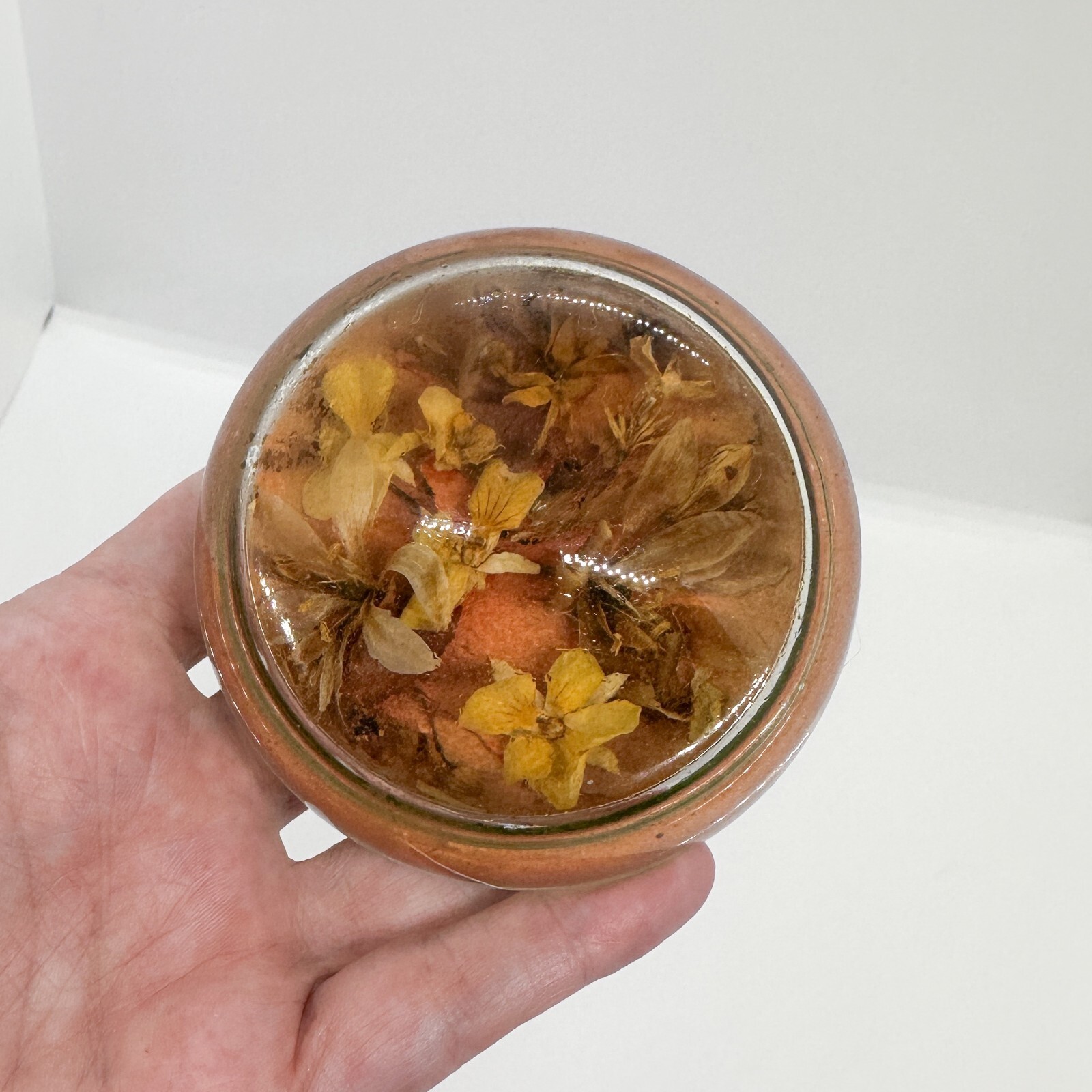 Vtg 70s Dried Floral Paperweight Flowers Glass Hippie Boho Witchy
