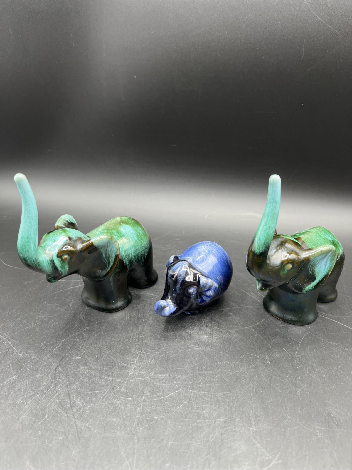 Vintage Redware Elephant Figurines (3) Green And Blue Drip Glaze Lot Trunks Up