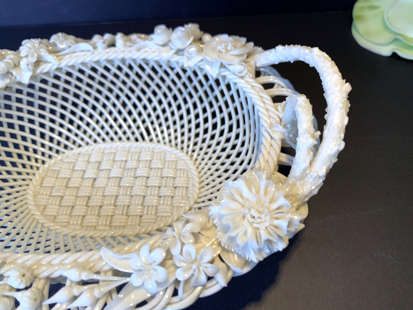 Belleek Floral Ornate 3-Strand Oval Basket w/Handles 1st Period 1860s Made