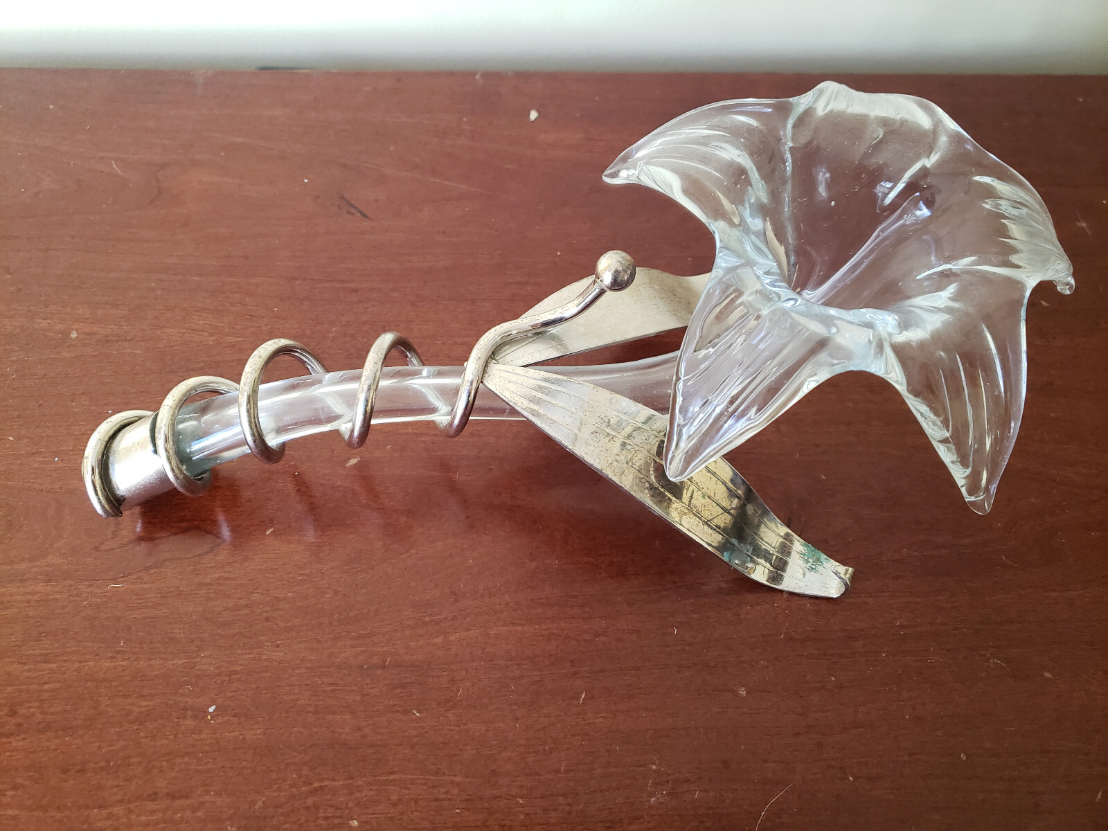 ONEIDA Amaryllis Vase Clear Glass Flower with Silver Plated Stem / Hand Blown