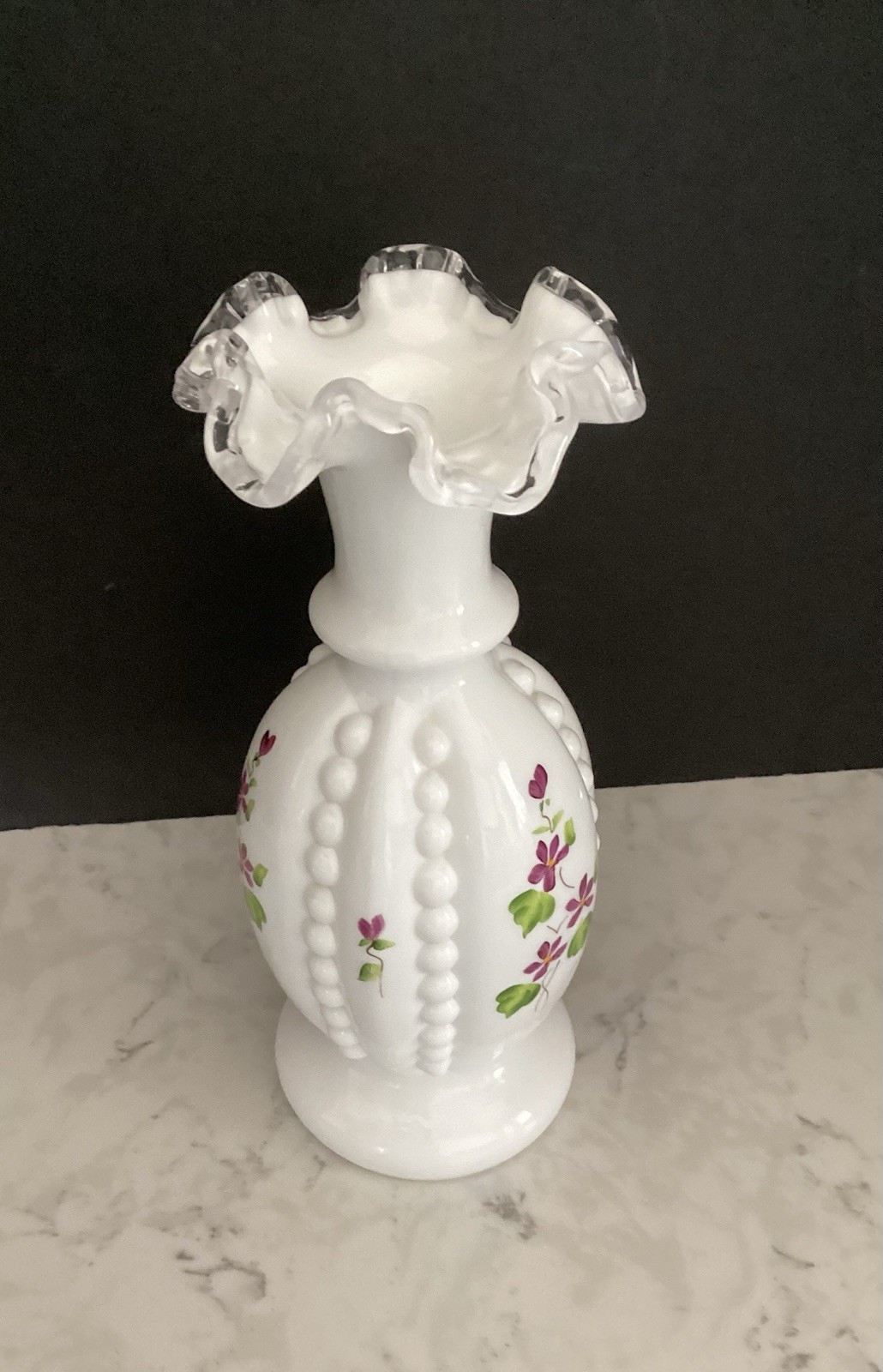 Fenton Glass Vase Violets In the Snow Beaded Melon Vase 9” Hand Painted/Signed