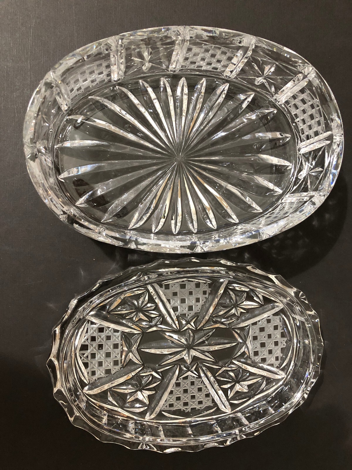 Vintage Bohemian Lead Cut Crystal Box with Lid Oval Etched Design Starburst