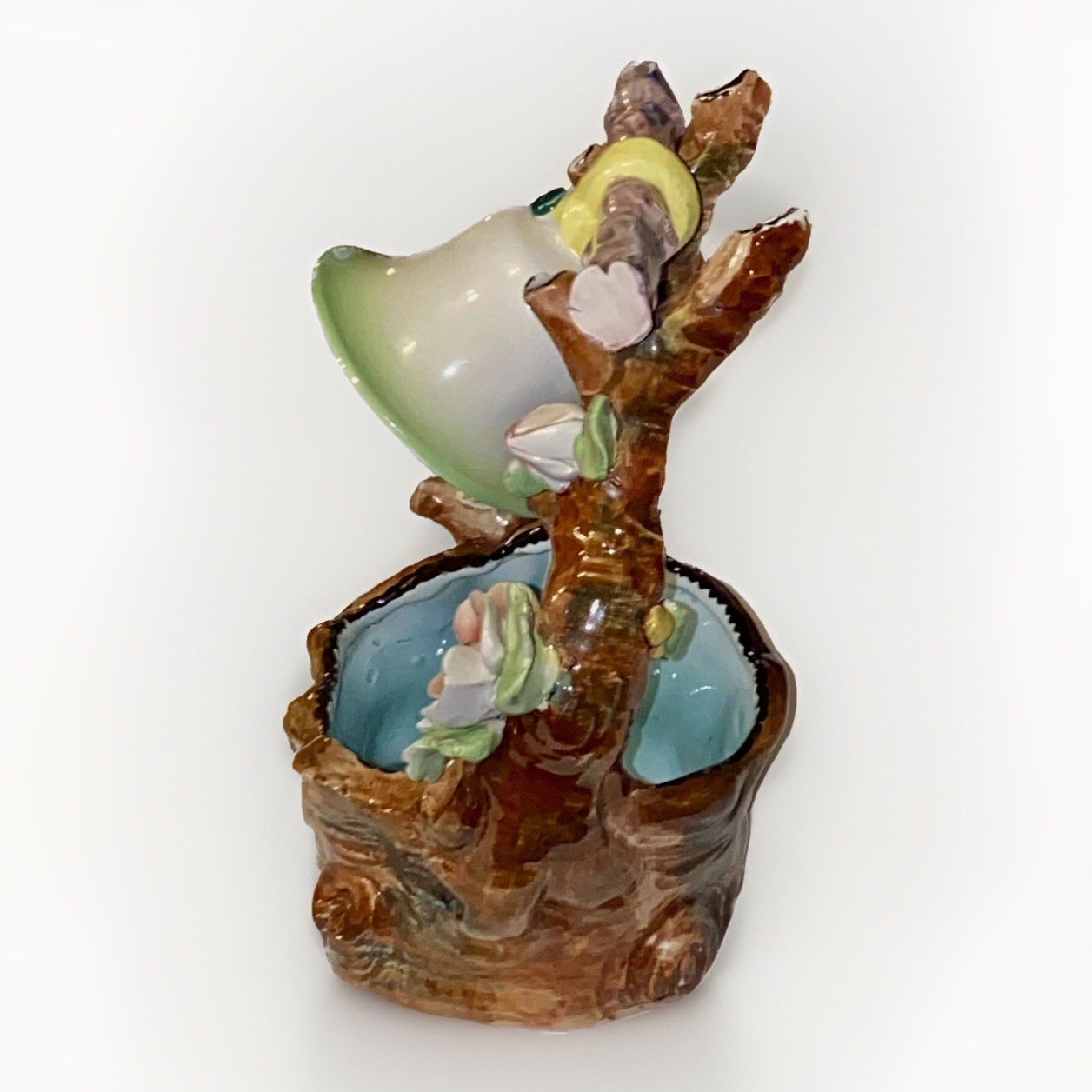 VTG Italian Majolica Easter Spring Wishing Well Planter Candy Dish Floral Bird
