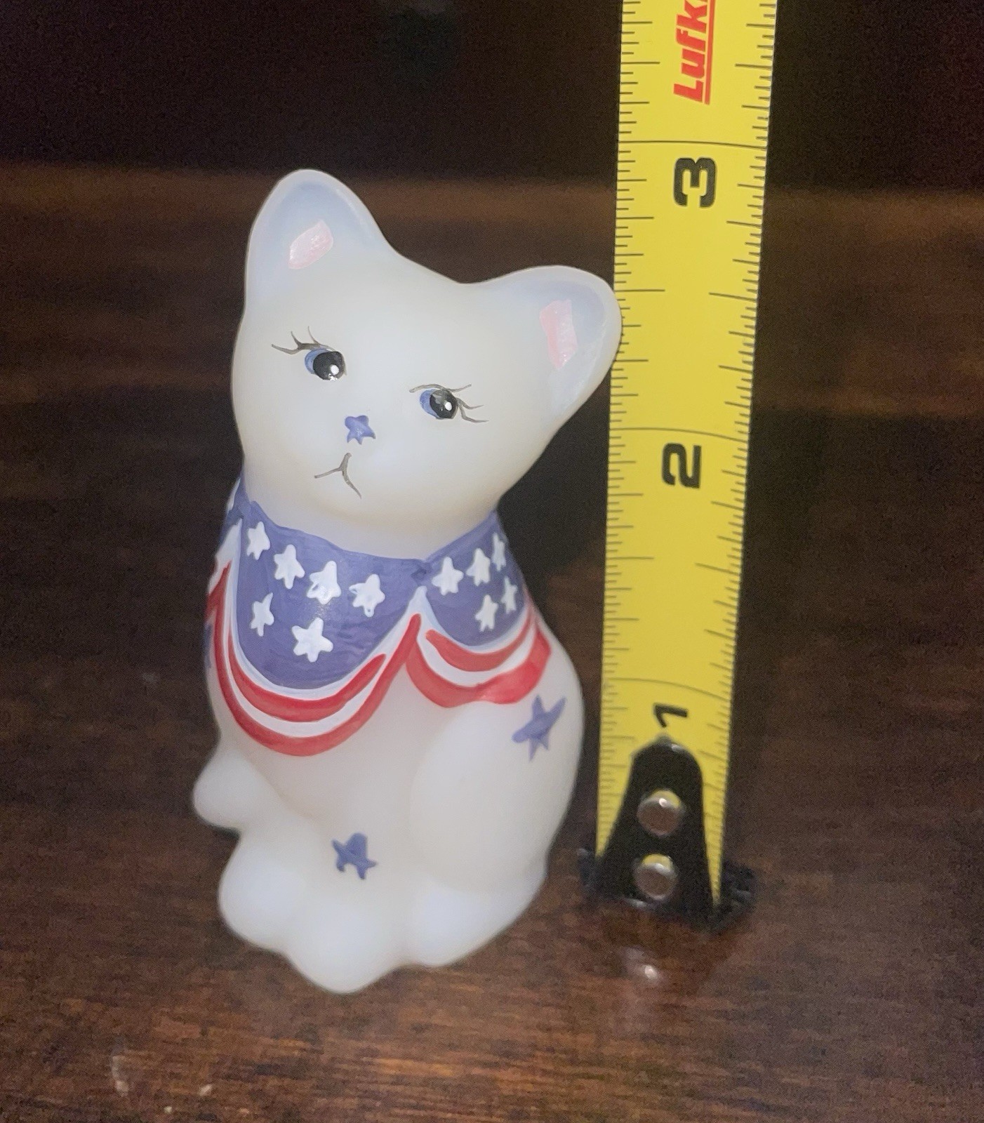 Fenton White Satin Patriotic Cat Figurine Hand Painted Signed American Flag