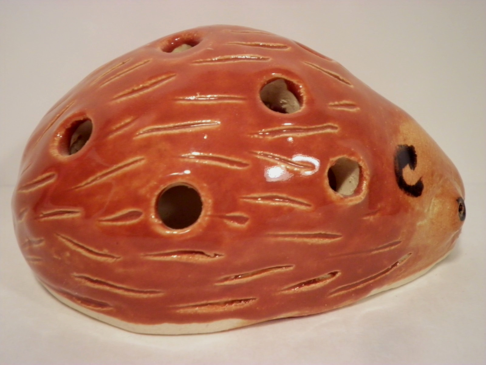 Handcrafted Pottery Hedgehog Flower Frog Porcupine Heavy Brown 10 Hole Signed HR