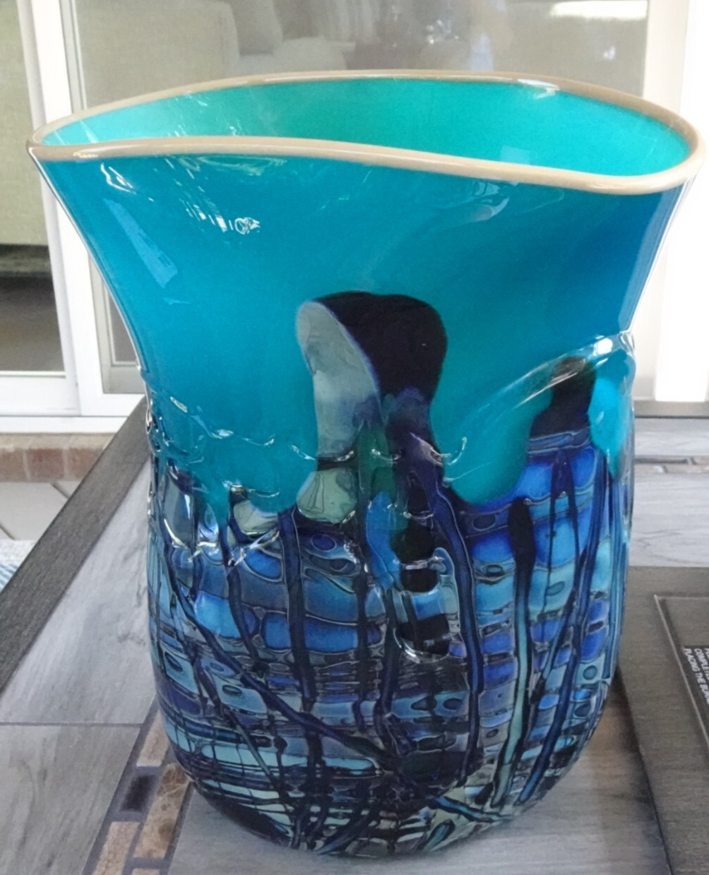 HEAVY! Large Signed 1997 BUMP Studio Art Glass Threaded Freeform Vase 10.5″