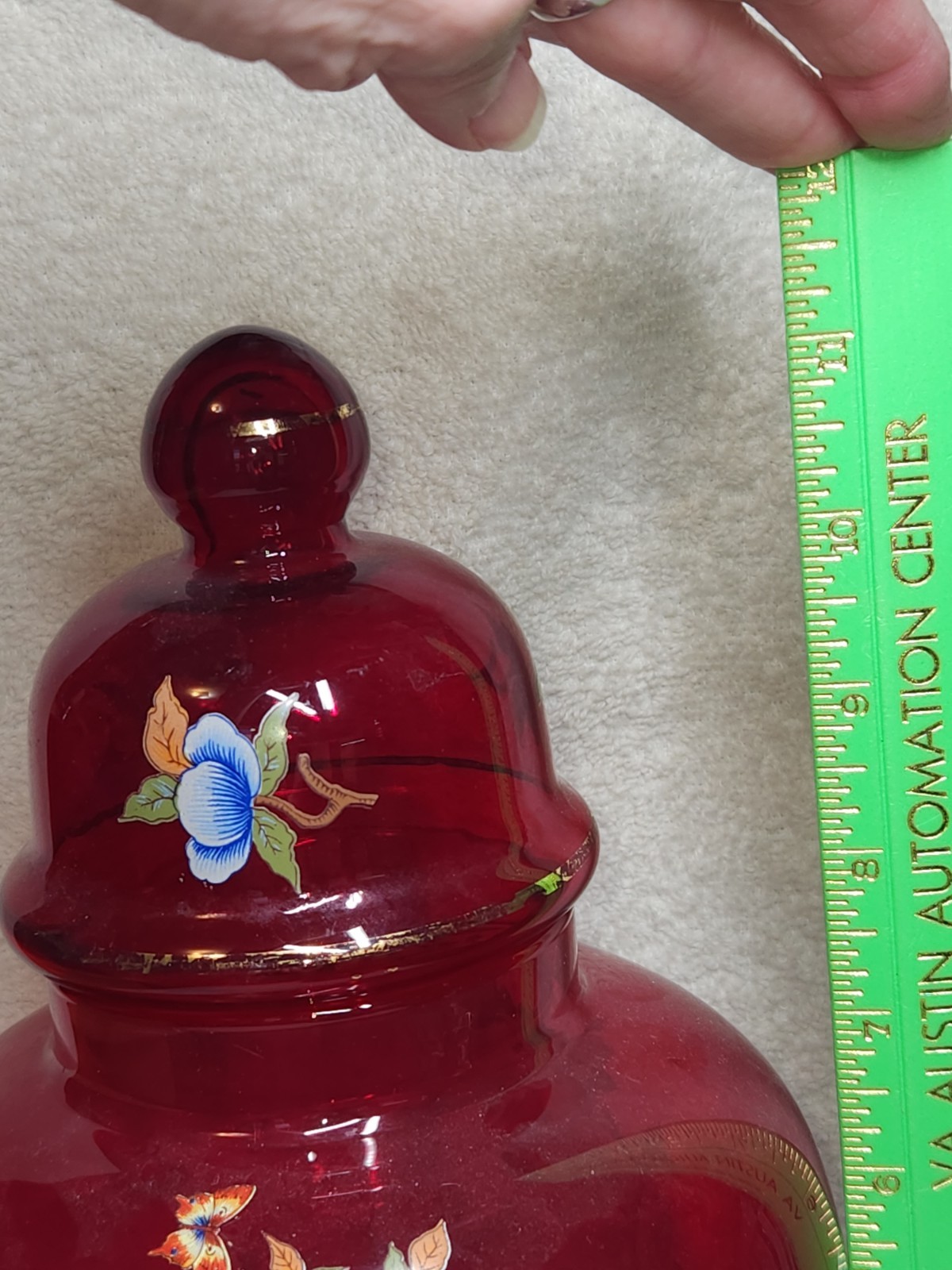 Vintage Norleans Ruby Red Glass Ginger Jar Flower Butterflies 11″ Tall