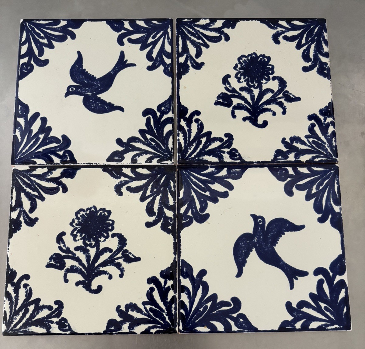 Lot of 4 Vntg Granada Spain Ceramic Tiles Doves & Flowers 5-7/8” Blue & White