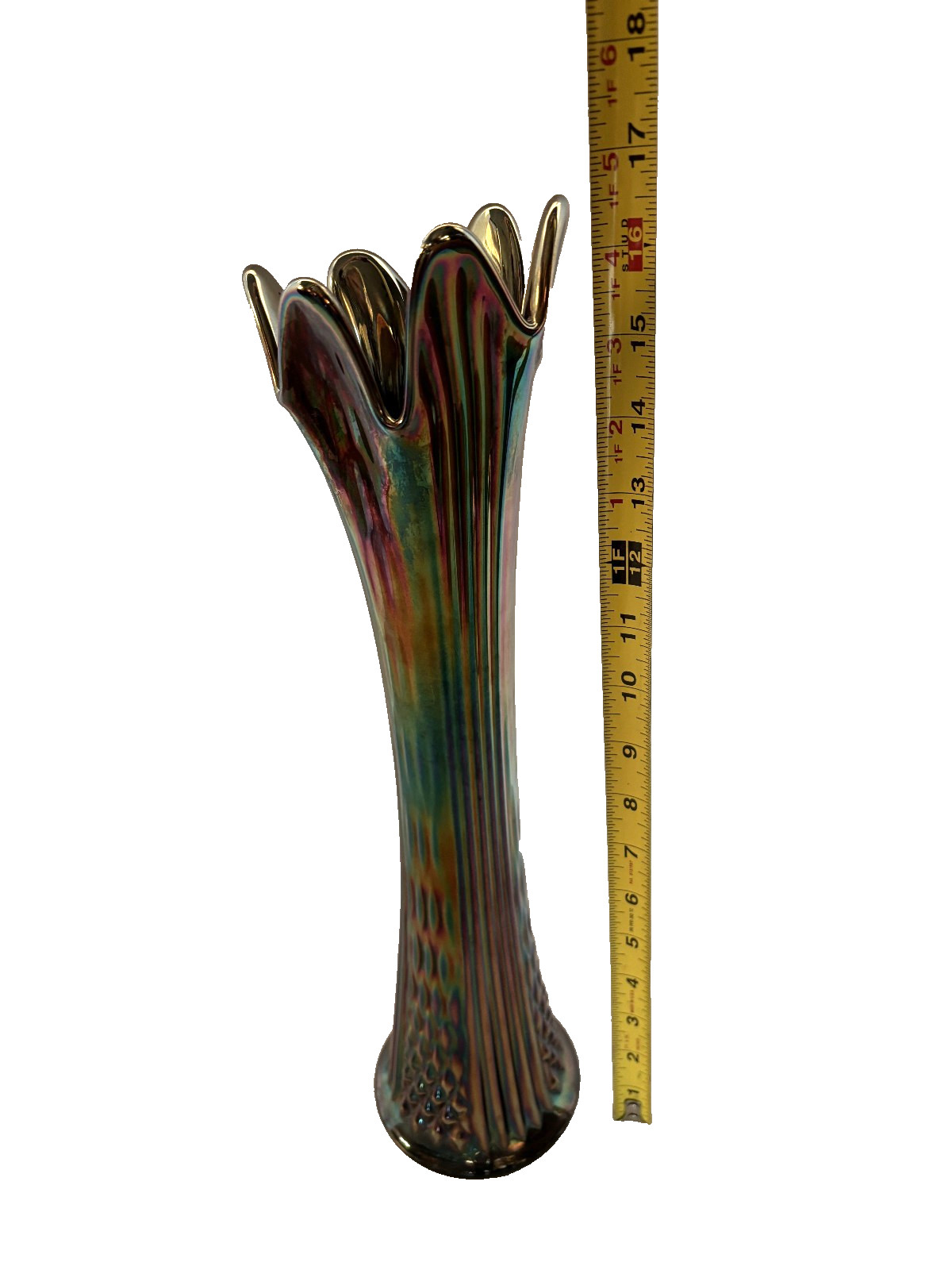 Fenton Iridescent Diamond Point Ribbed Carnival Swung Glass Vase 16.5″ Tall