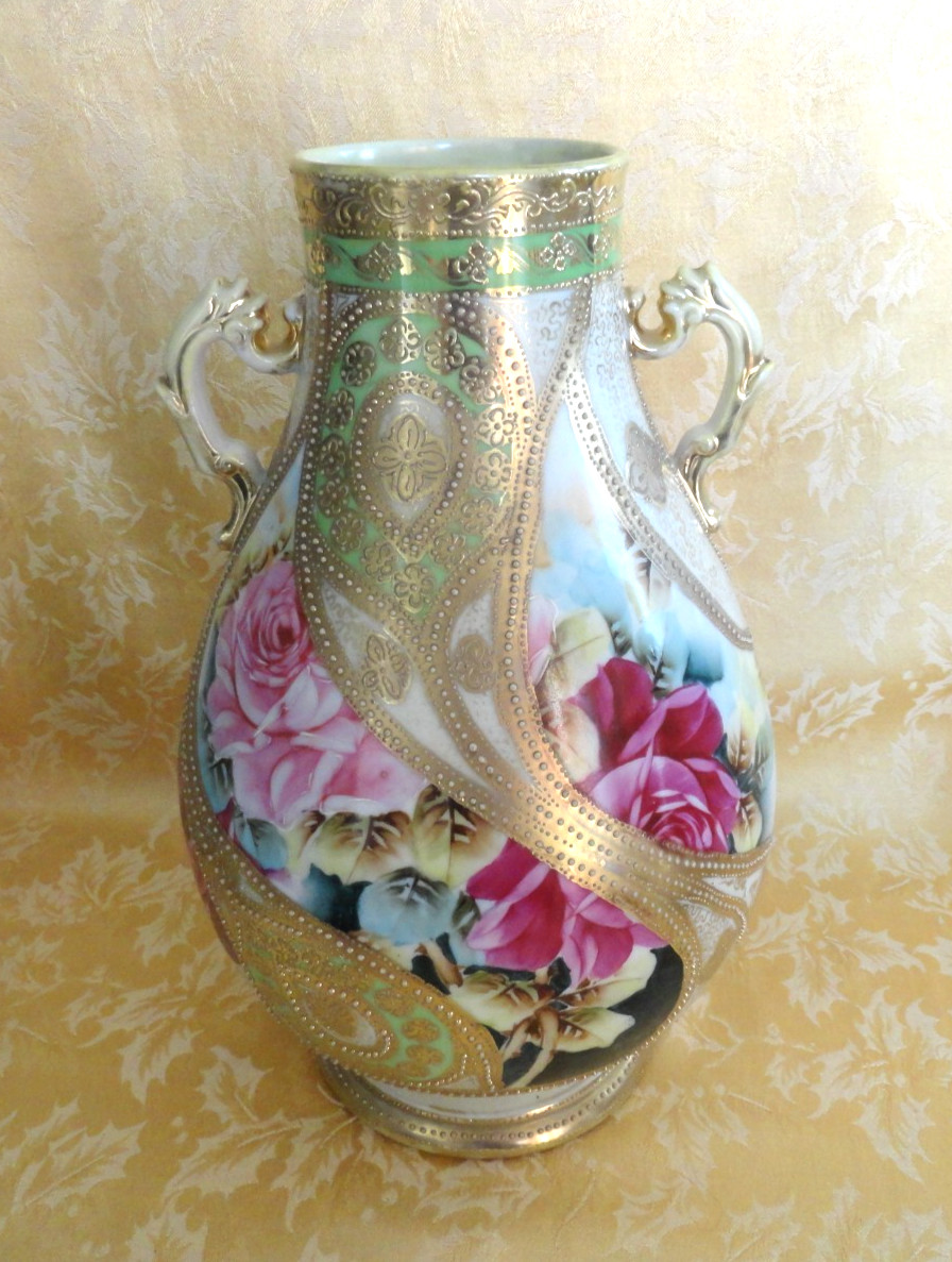 Large Antique Nippon Moriage Hand Painted Handled Vase Rose W/ Gold Gilt 12.5 H