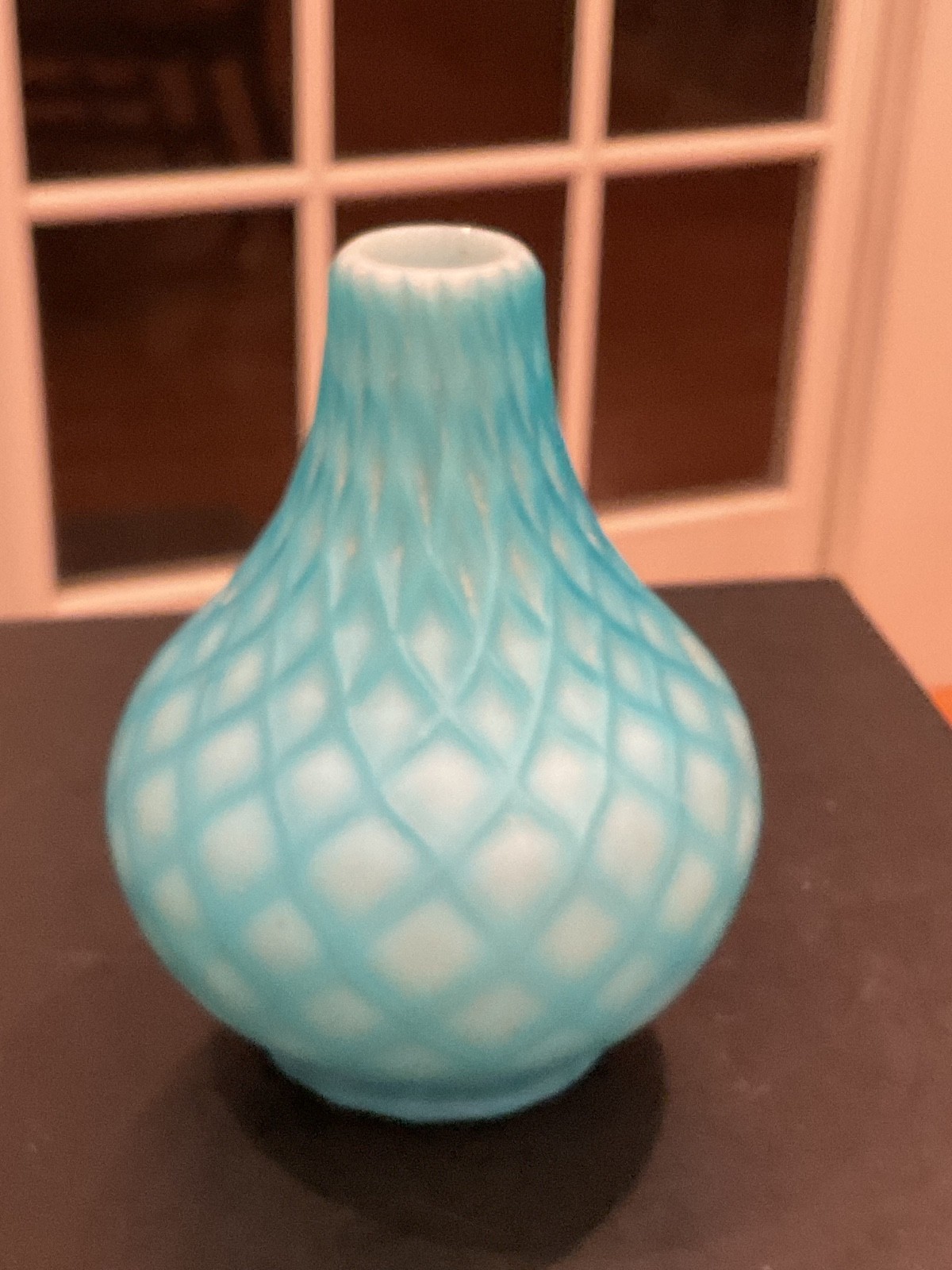 Antique blue Diamond Quilted Opalescent Satin Art Glass Vase 4.5” high
