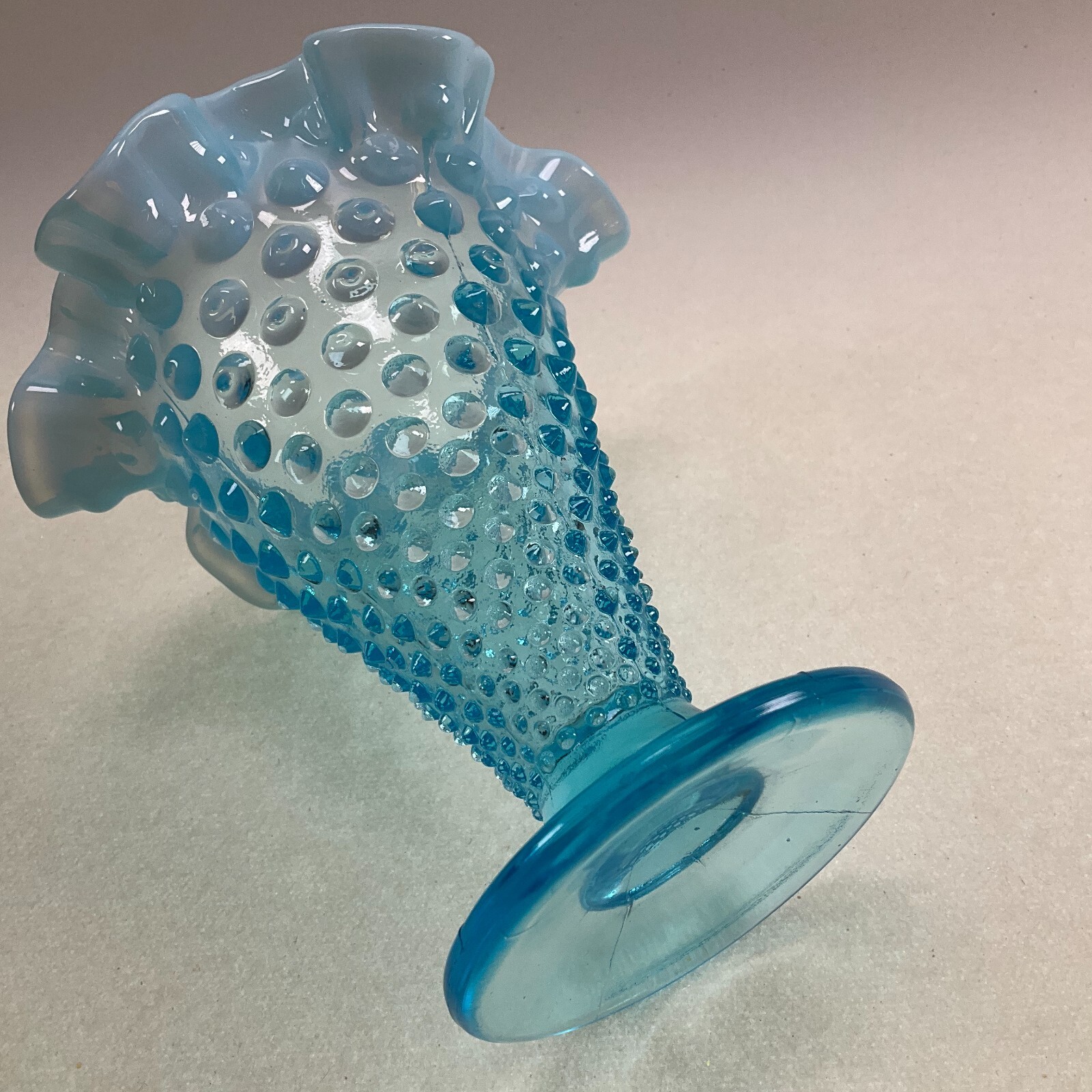 Fenton Hobnail Blue Opalescent Trumpet Vase 6″ Aqua Vintage