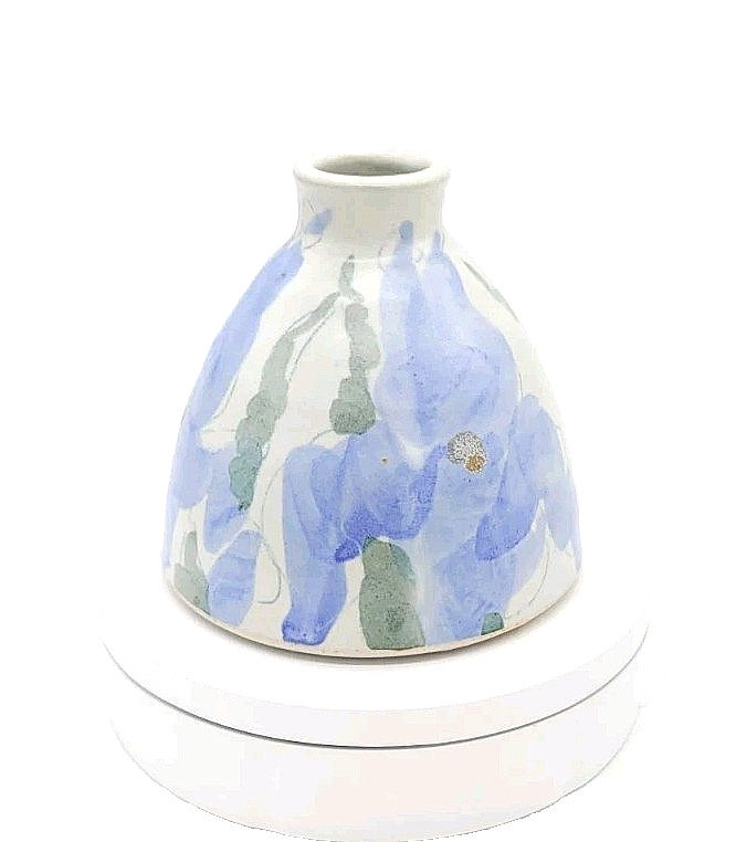 Mereau Ceramics Studio Art Pottery Vase Purple Green Floral Flower Handmade Sign