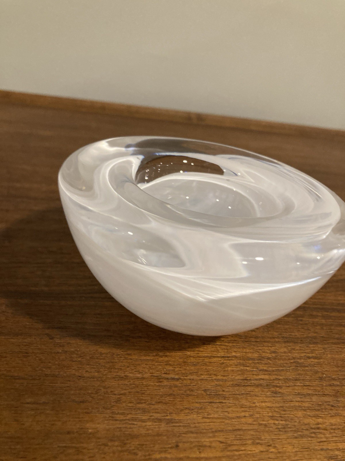 Kosta Boda Candle Atoll Votive Holder Crystal Art Glass White Clear Swirl 4.5″