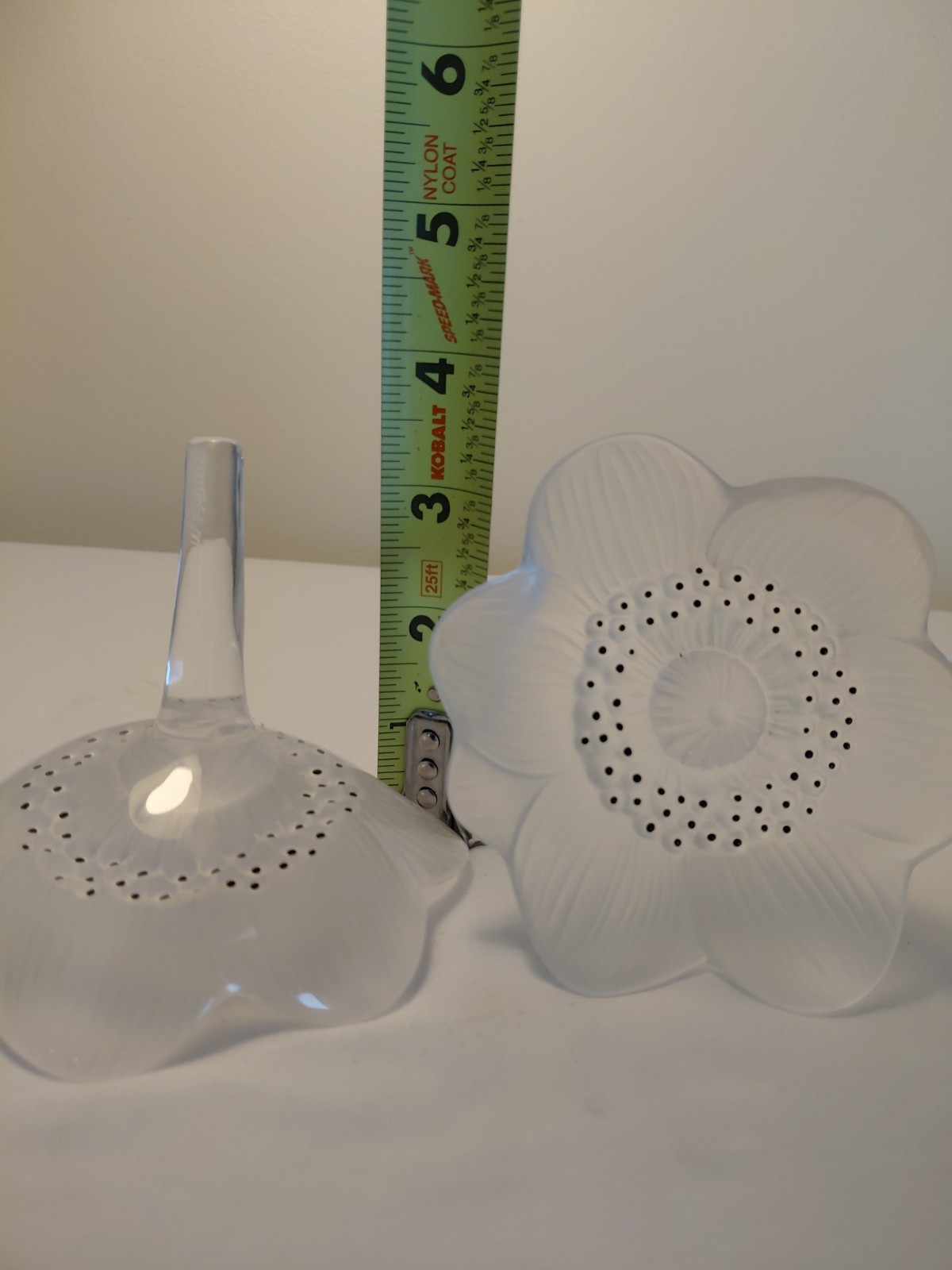 Vtg Rene Lalique Signed Frosted Crystal Anemone Floral W/Black Enamel Sculpture