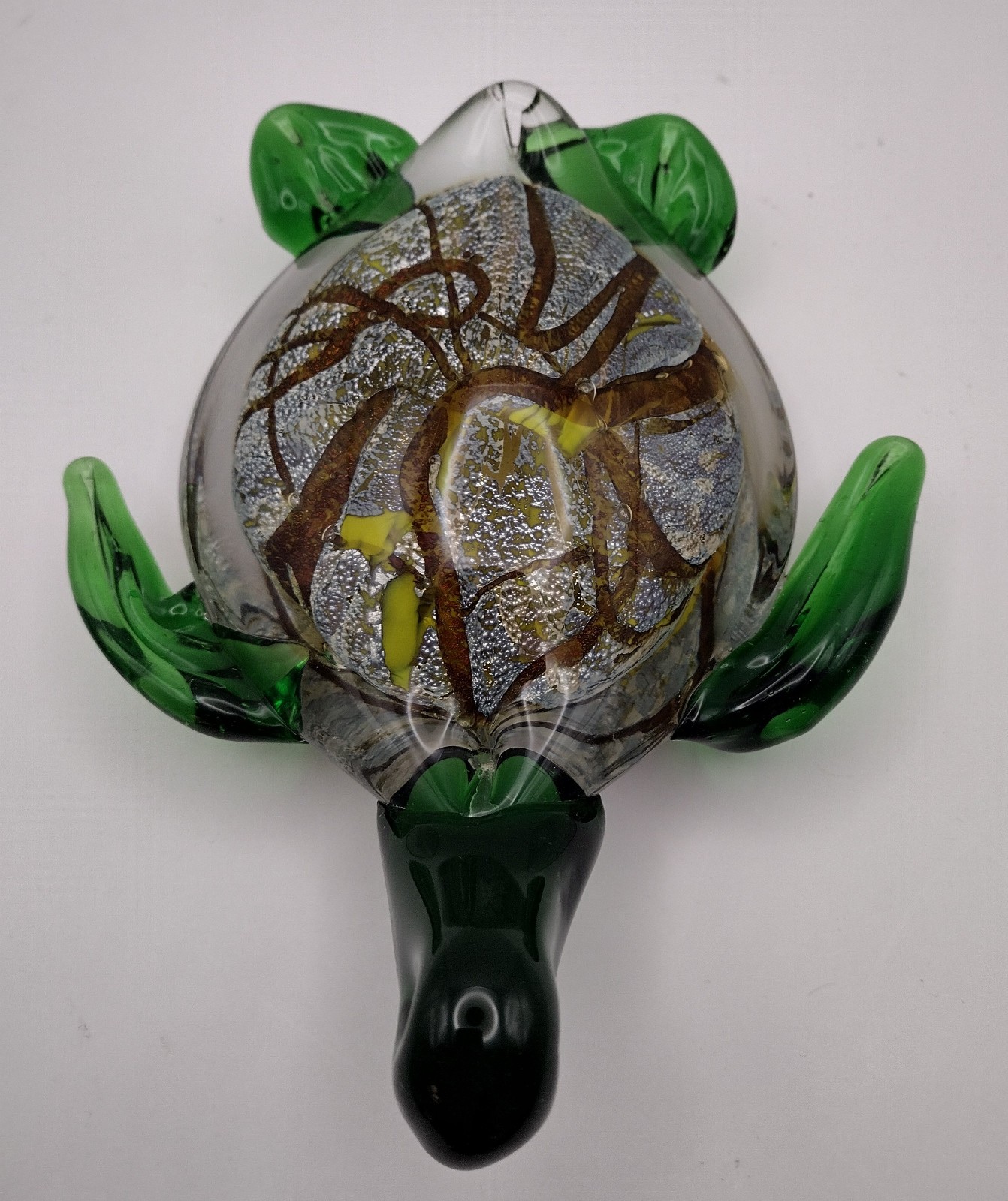 Murano Style Sea Turtle Glass Paperweight Figurine Hand-Blown Green Brown 6”