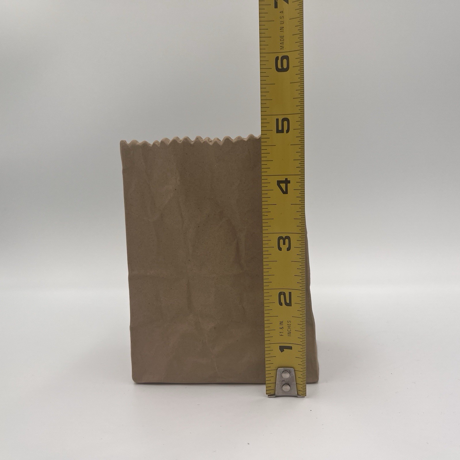 VTG Ceramic Illusions Paper Bag Vase Crinkled Brown Art 5”