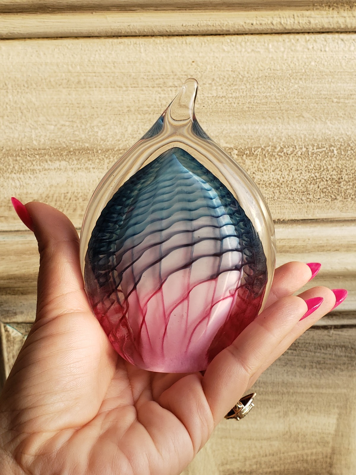 Art Glass Paperweight Tear Drop Flame 2004 Blue Pink Signed