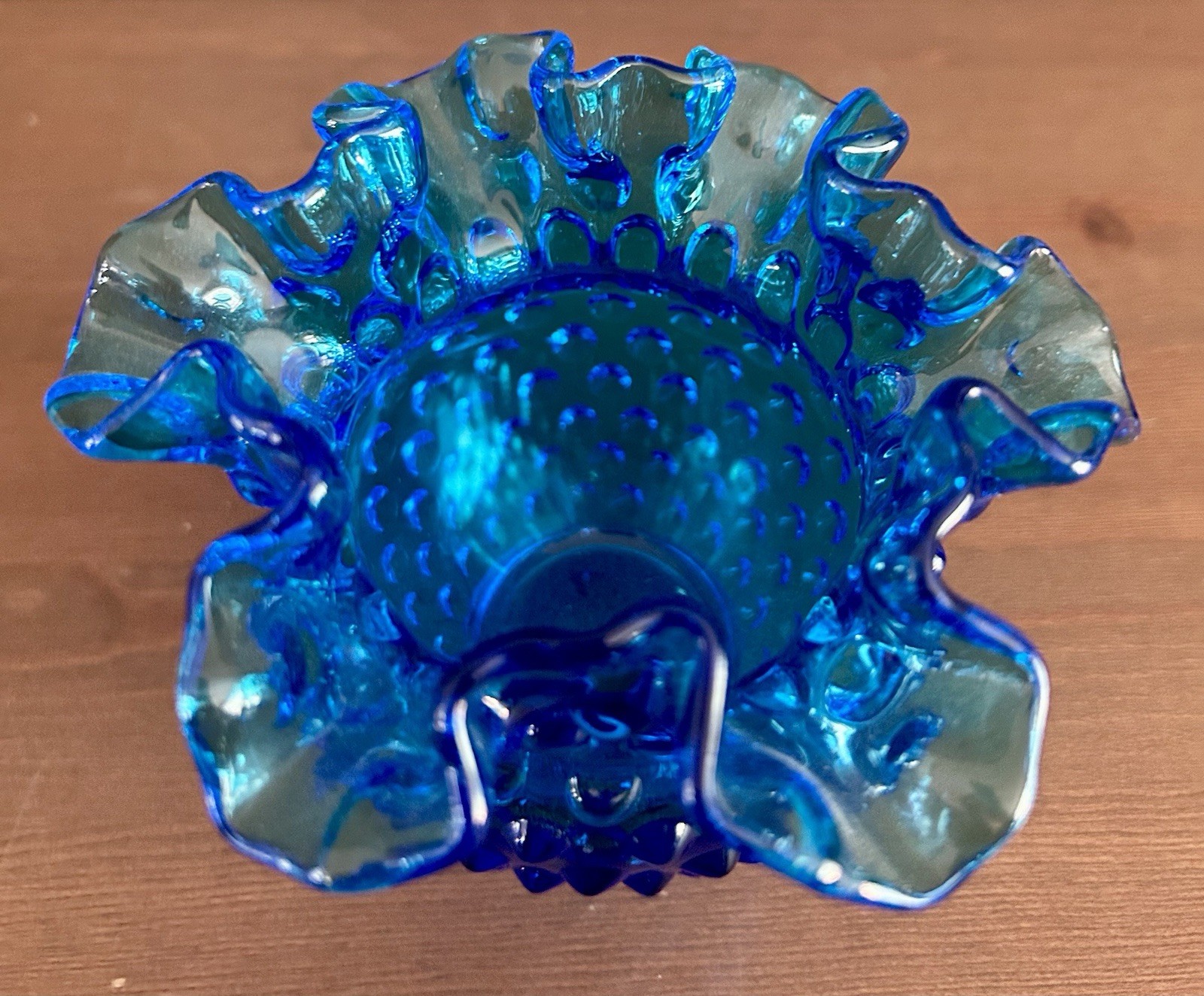 Fenton Colonial Blue Hobnail Glass Vase Double Crimped Rim Vintage 4″